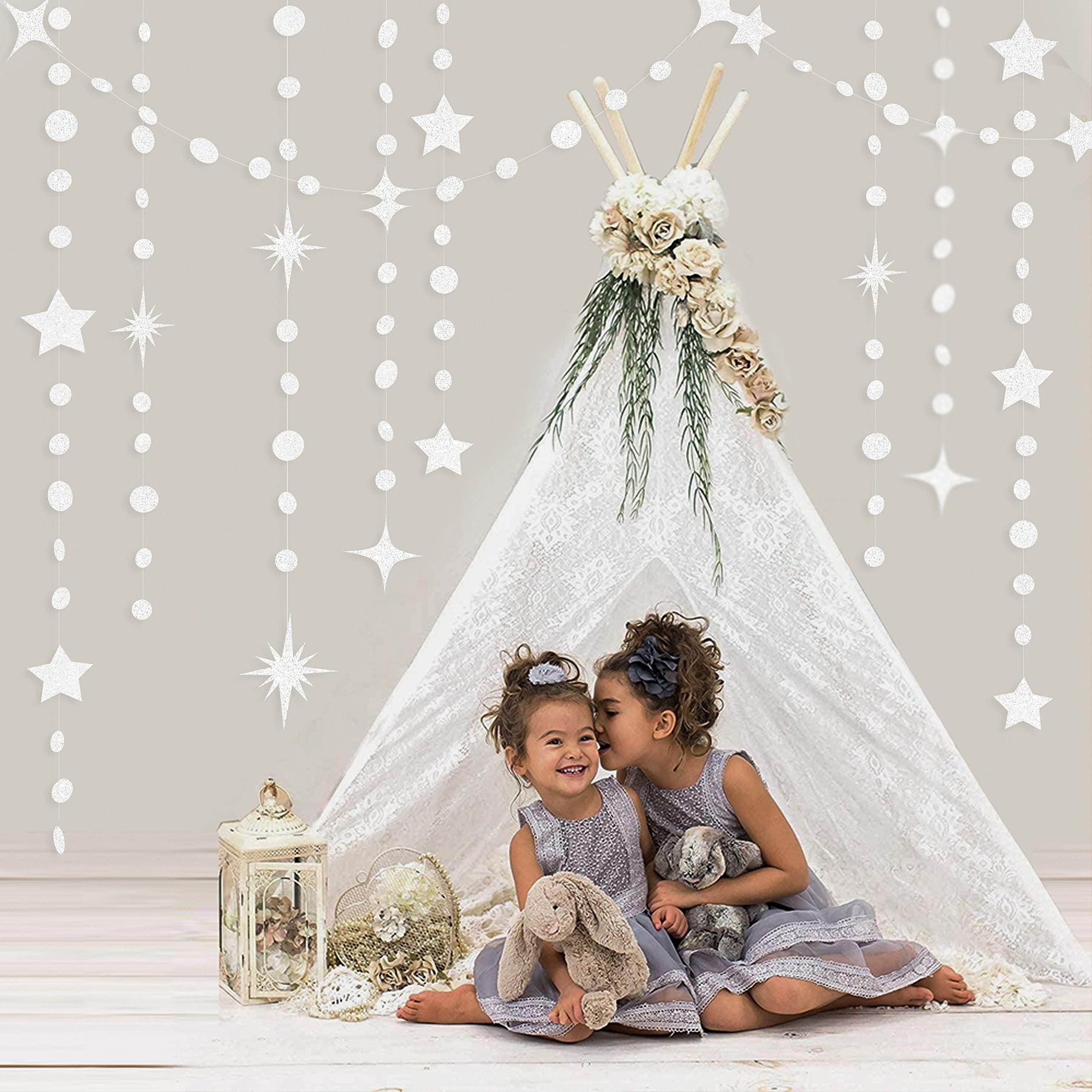 White Star Circle Dot Paper Garland Banner - Glitter Hanging Twinkle Decoration for Birthday, Baby Shower, Wedding & Anniversary Parties | Perfect for Ceiling, Wall & Table Decor