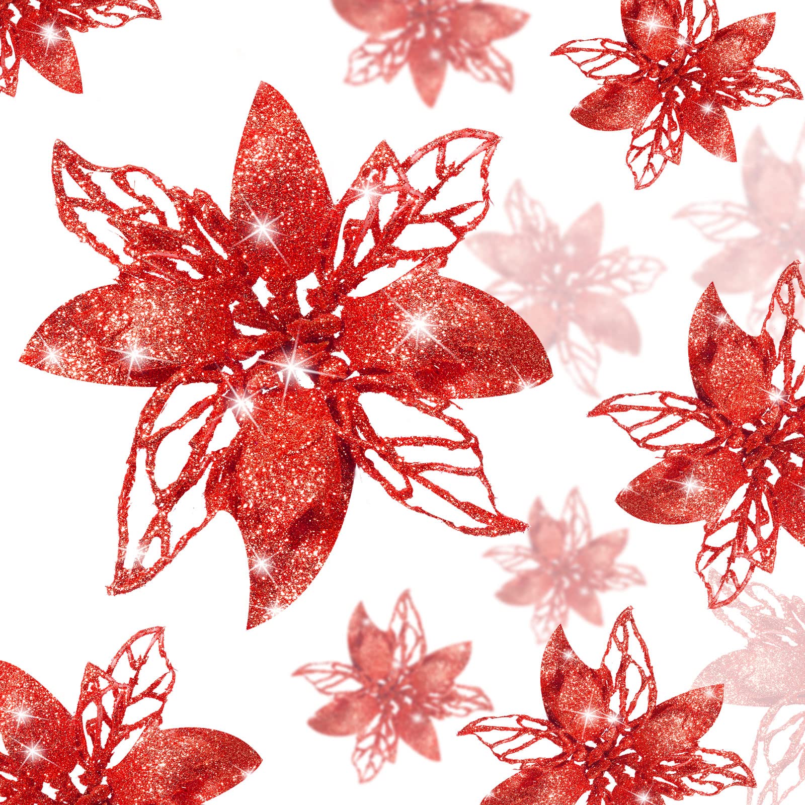 24-Piece Red Glitter Artificial Poinsettia Flowers - Christmas Tree Decorations, Wedding Centerpieces & New Year Party Decor - Holiday Home & Office Decorative Accents