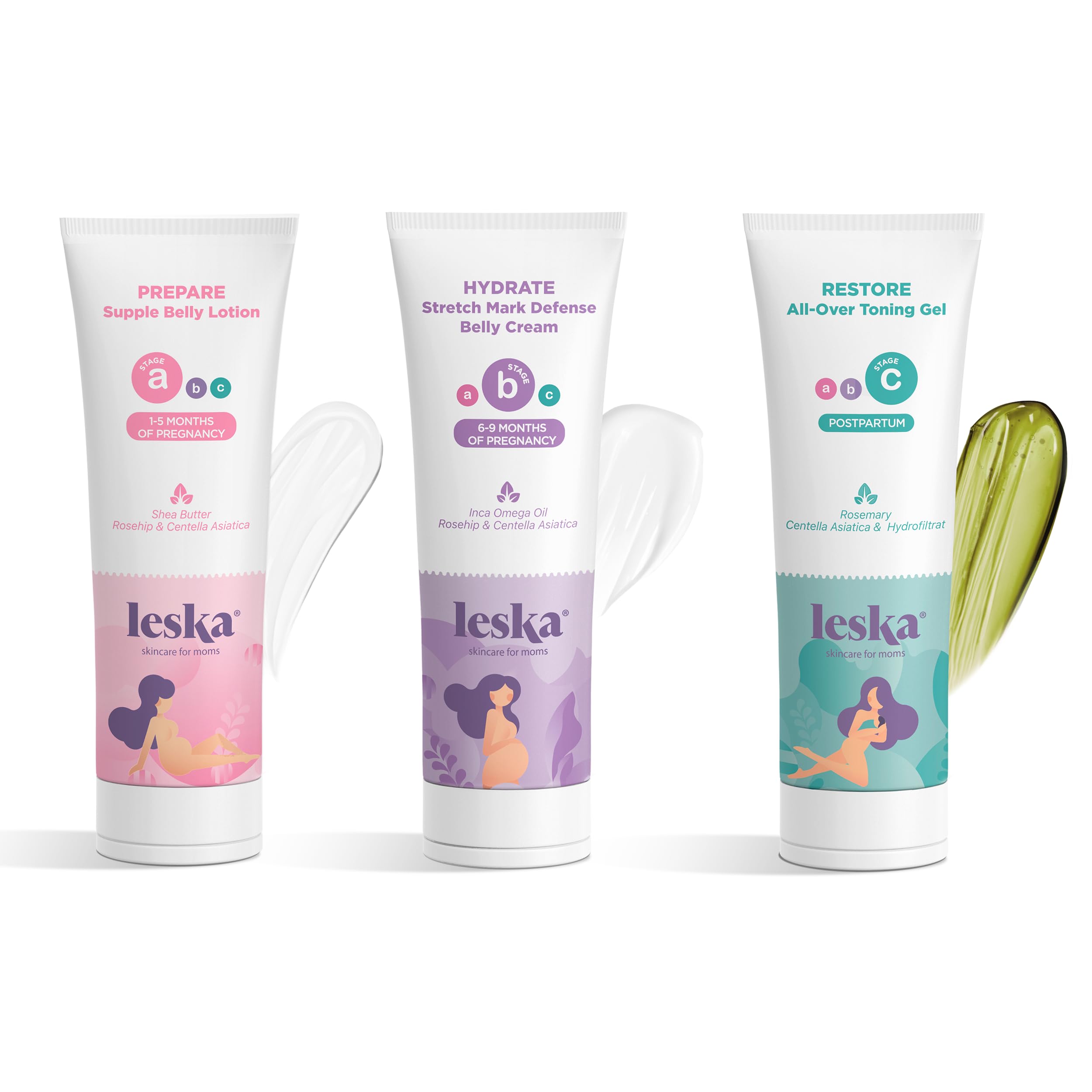 Leska Maternity Skincare Set - Stretch Mark Cream, Belly Butter & Toning Gel for Pregnancy & Postpartum Care | 3-Piece 4oz Kit for All Trimesters | Perfect New Mom Gift for Dry Skin Relief & Body Hydration | Use During Pregnancy, After Delivery & Nursing Period