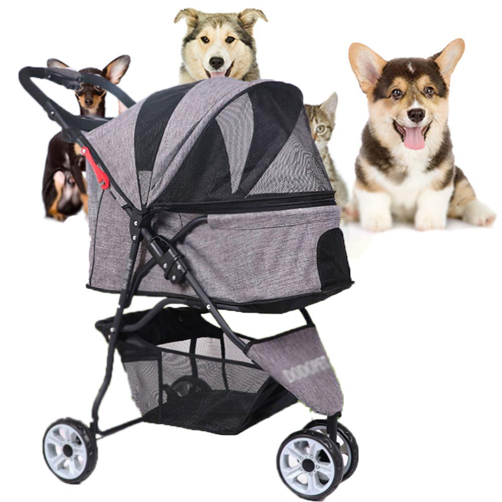 Windproof Pet Dog Carrier Stroller - Foldable 3-Wheel Lightweight Dog Stroller with Storage Basket & Cup Holder (Gray) - Perfect for Outdoor Walks, Park Visits, and Vet Trips