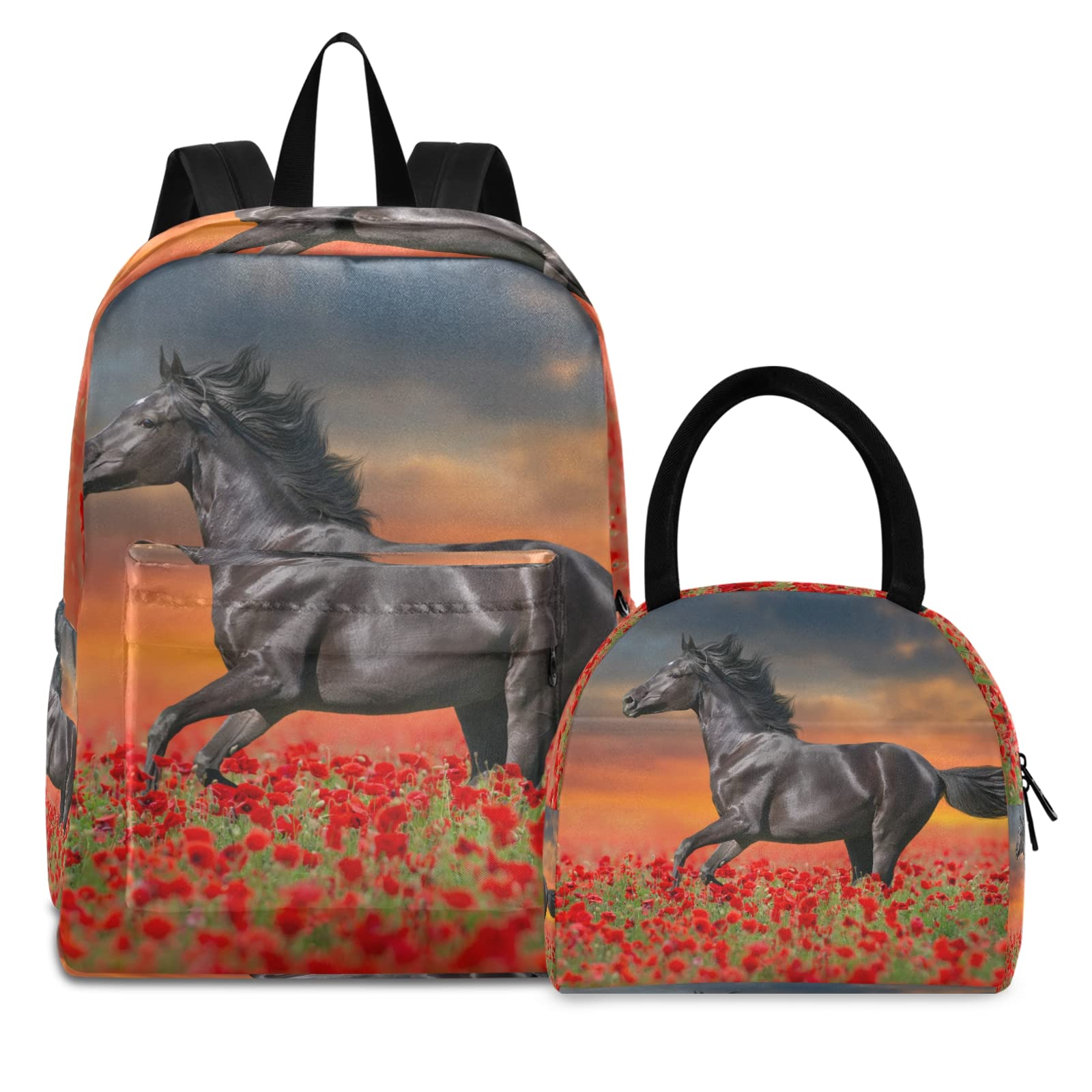 Black Horse Red Poppy Flowers Kids Backpack with Lunch Box - Lightweight Toddler School Bookbag Set for Girls & Boys - Perfect for Kindergarten, Preschool & Elementary Students - Great for School, Travel & Outdoor Adventures