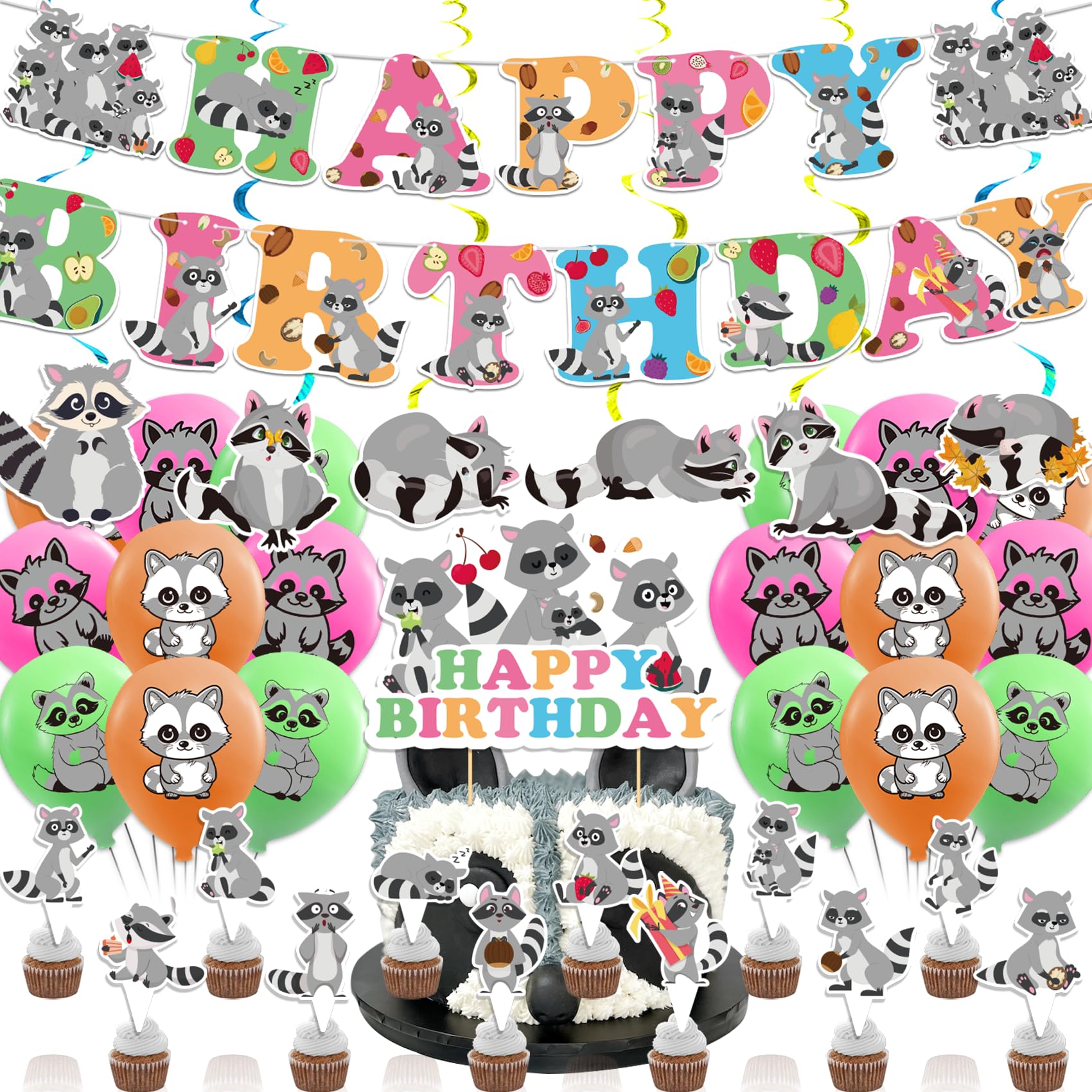 Raccoon Party Decorations Set - Woodland Baby Shower & Birthday Supplies Kit with Banner, Spirals, Cake Topper, Cupcake Toppers, Balloons for Nursery Theme, Gender Reveal & First Birthday Parties