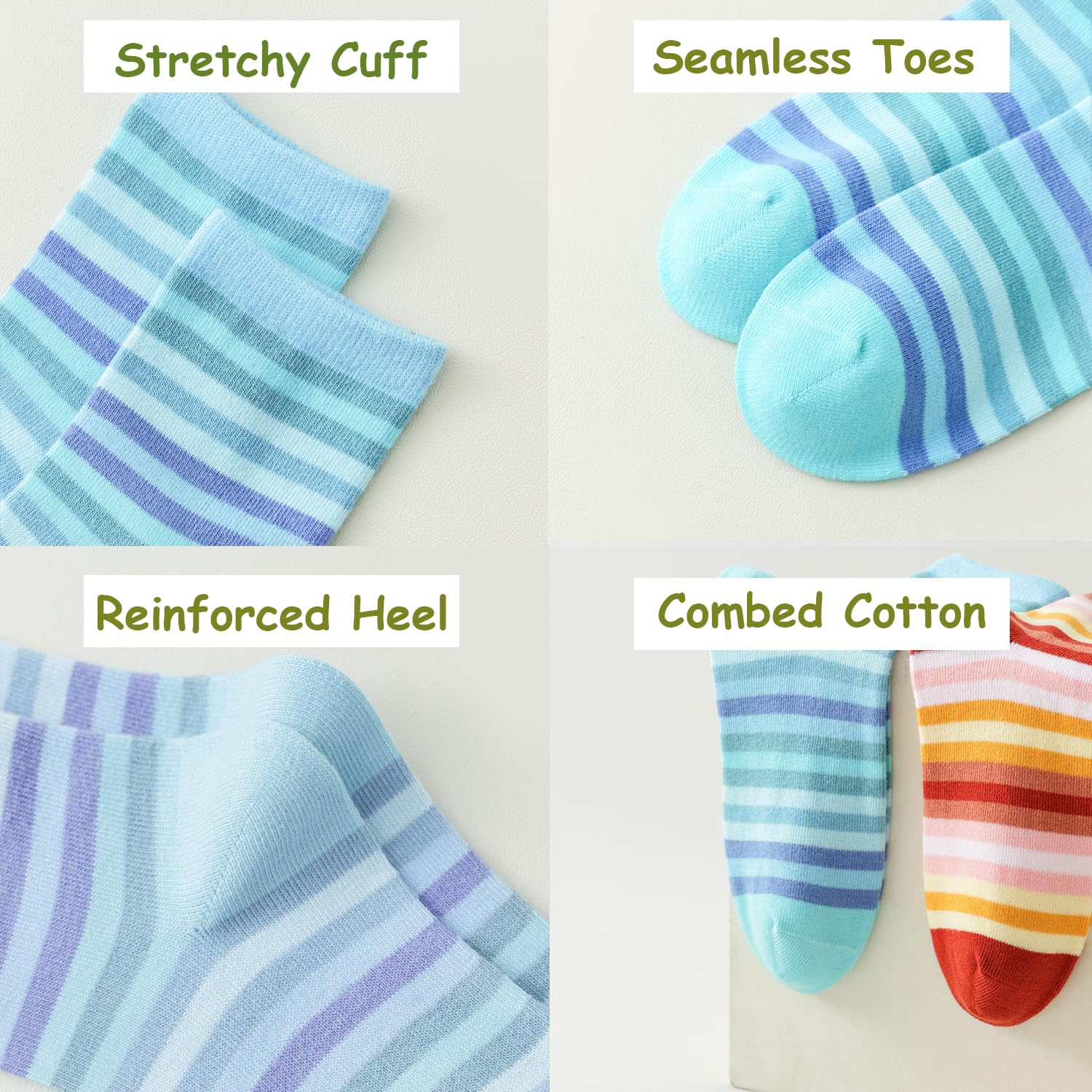 Marchare Girls Seamless Cotton Crew Socks for Kids - 5 Pack Rainbow Stripes Casual & School Socks - Soft, Comfortable Everyday Wear for Play, Sports & Classroom