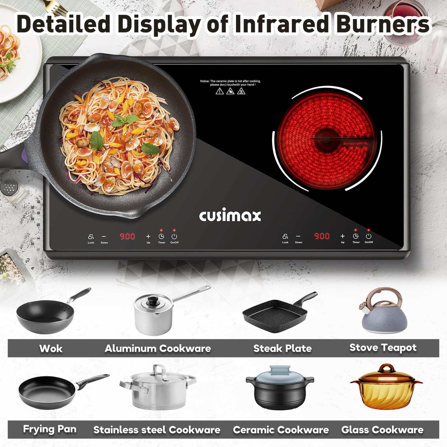 CUSIMAX 1800W Double Infrared Electric Stove - 9 Power Levels, Sensor Touch, Kids Safety Lock & Timer - Ceramic Countertop Hot Plate for Easy Cleaning | Perfect for Kitchen, Dorm, RV & Outdoor Cooking