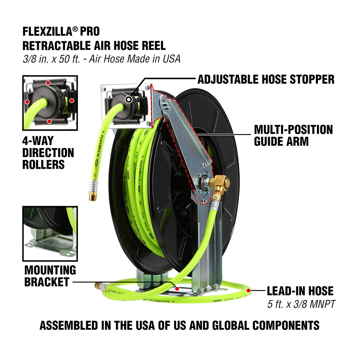 Flexzilla Pro Retractable Open Face Dual Arm Air Hose Reel, 3/8 in. x 50 ft., Heavy Duty Lightweight Hybrid Air Compressor Hose with ZillaGreen - Perfect for Garage, Workshop, and Industrial Use - Model L8711FZ