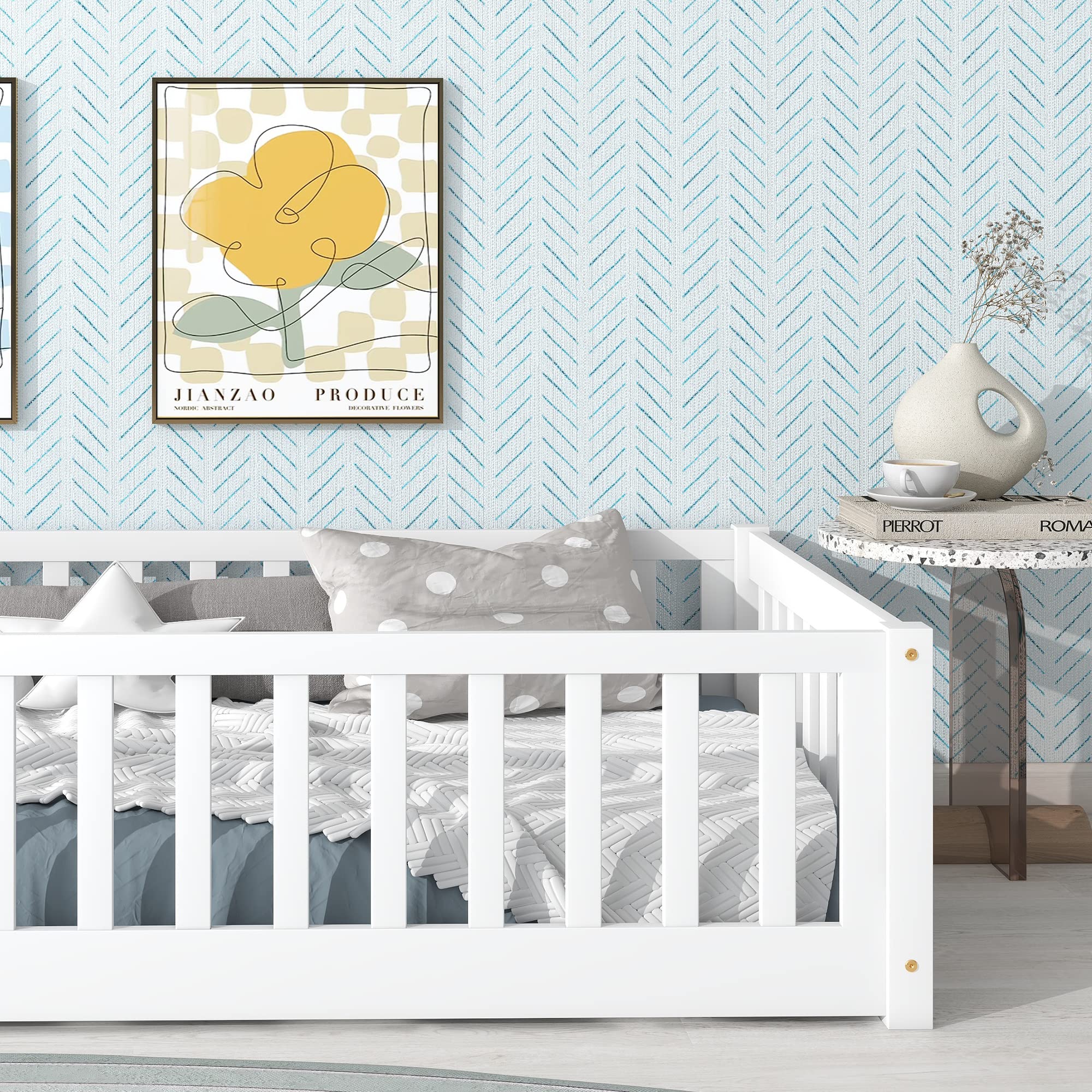 Montessori Twin Size Toddler Floor Bed Frame with Safety Fence & Wood Slats - White Wooden Low Bed for Kids, Girls & Boys - No Box Spring Needed - Perfect for Montessori Rooms, Daycare Centers & Safe Toddler Sleeping Spaces