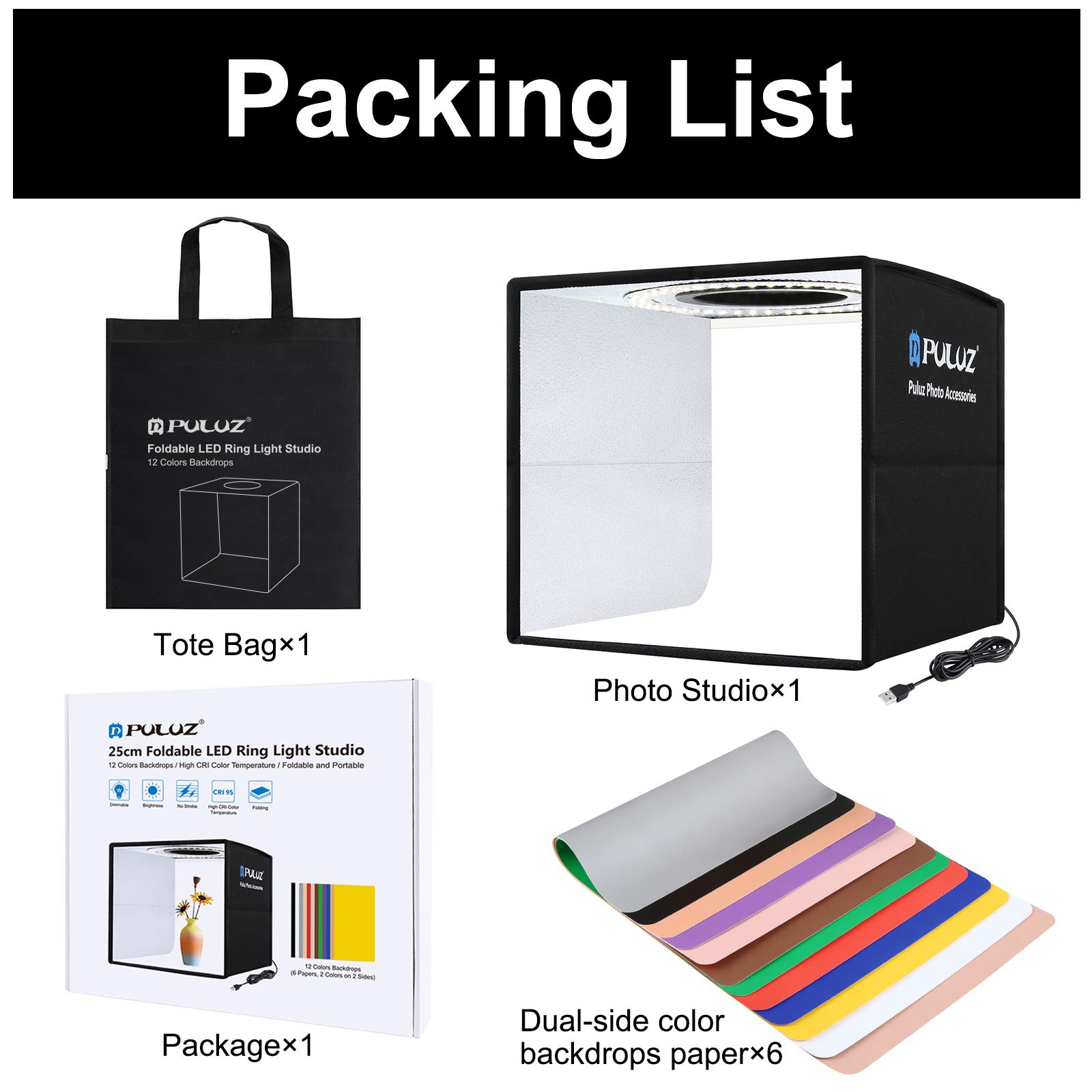 PULUZ Mini Folding LED Photo Light Box with 12 Color Backdrops - Portable Photography Studio Kit with USB Ring Light for Small Product Shooting, Jewelry, Etsy Items (9.8