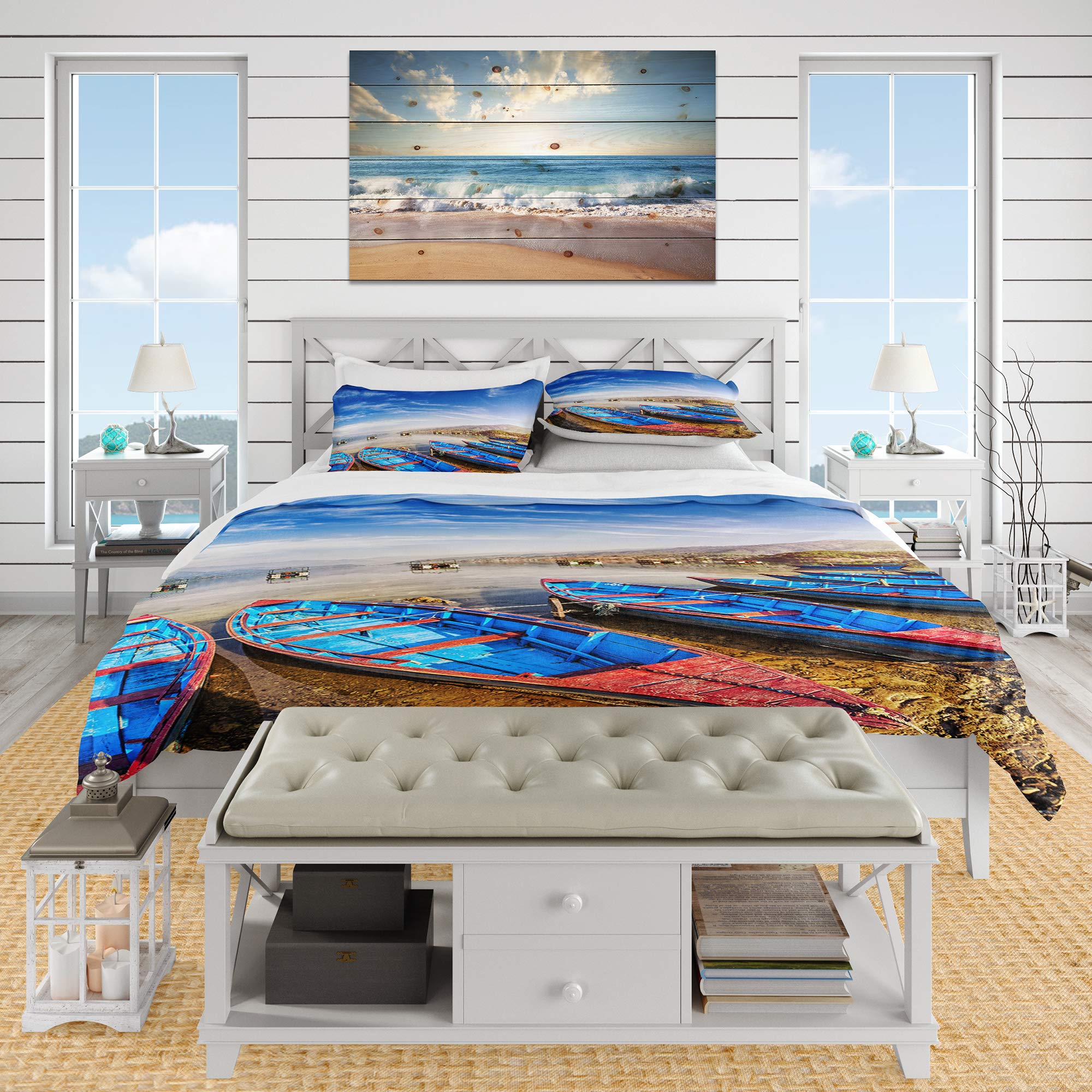 Blue Boats Under Blue Sky Nautical Queen Duvet Cover Set - 3 Piece Coastal Beach Bedding for All Seasons | Perfect for Beach House, Guest Room & Coastal Themed Bedroom Decor