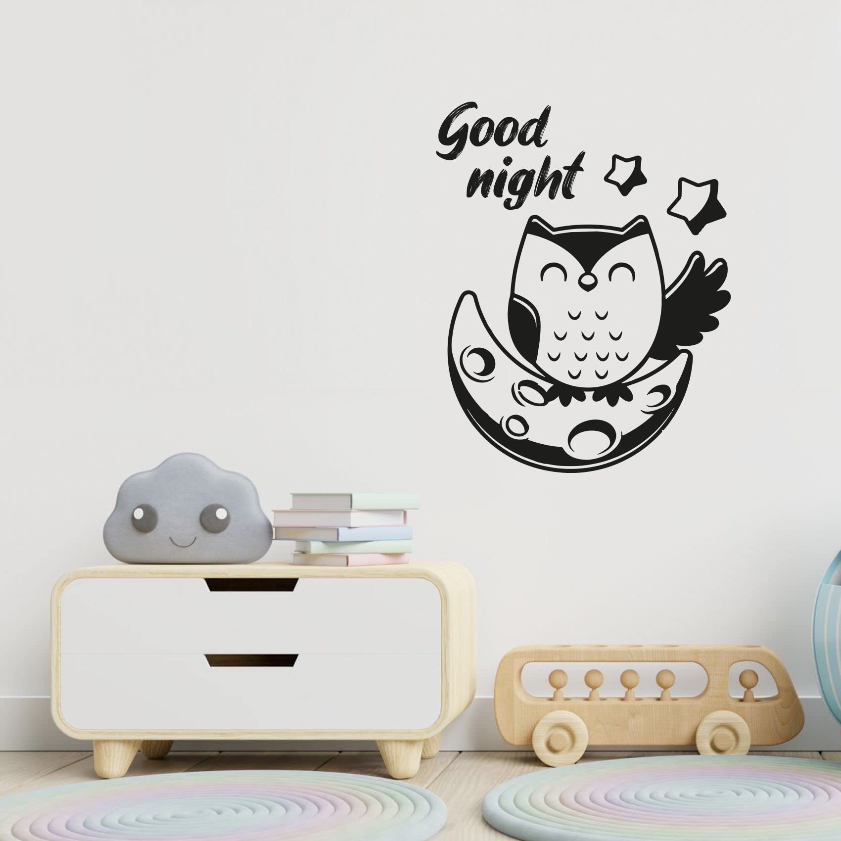Good Night Baby Owl Wall Sticker - Cute Smiling Moon & Stars Vinyl Decal for Nursery, Kids Room Decor (40x24 inch) - Perfect for Bedroom, Kindergarten & Children's Bedtime Themed Spaces
