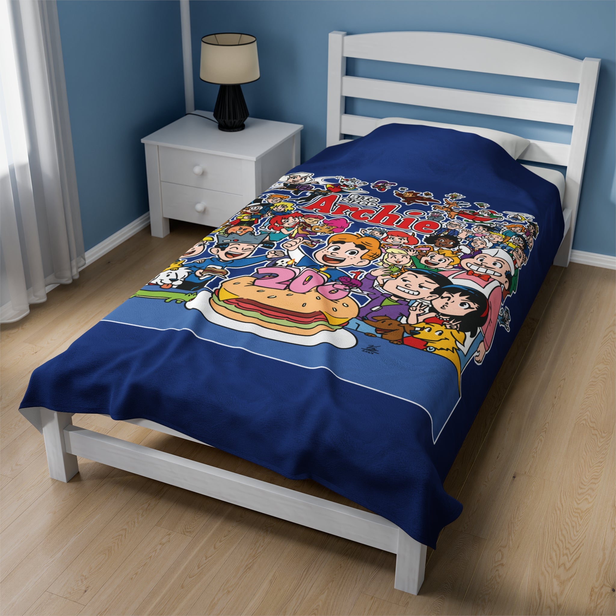 Bite Sized Archie 200th Story Velveteen Plush Blanket - Soft Throw Blanket for Adults & Kids (3 Sizes) with Cheeseburger Cake Design - Perfect for Bedroom, Sofa, Movie Nights & Gifts