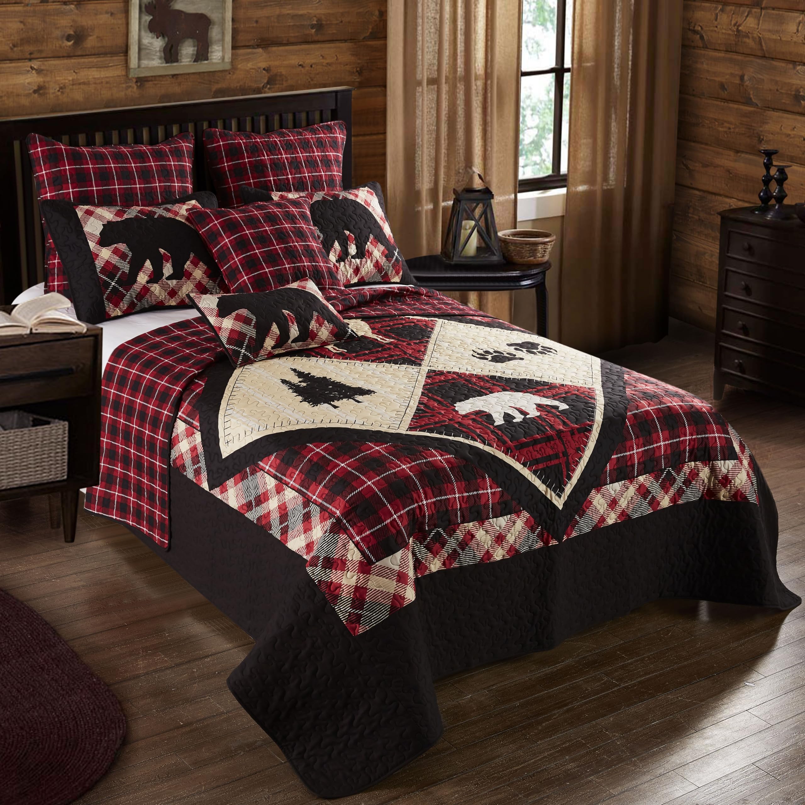 Virah Bella 3-Piece Queen Lodge Quilt Bedding Set - Rustic Diamond Bear Lodge Design - Reversible Camping Comforter with Decorative Pillow Shams (Burgundy/Black) - Perfect for Cabin Retreats, Country Homes & Cozy Bedrooms