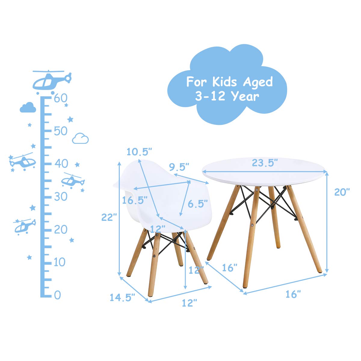 Costzon Kids Table and 2 Chair Set - Mid-Century Modern Style Round Dining Table with Armchairs for Toddlers & Children, White Wooden Table & Chairs for Playroom, Classroom, or Kids Bedroom - Perfect for Arts & Crafts, Snack Time, and Learning Activities