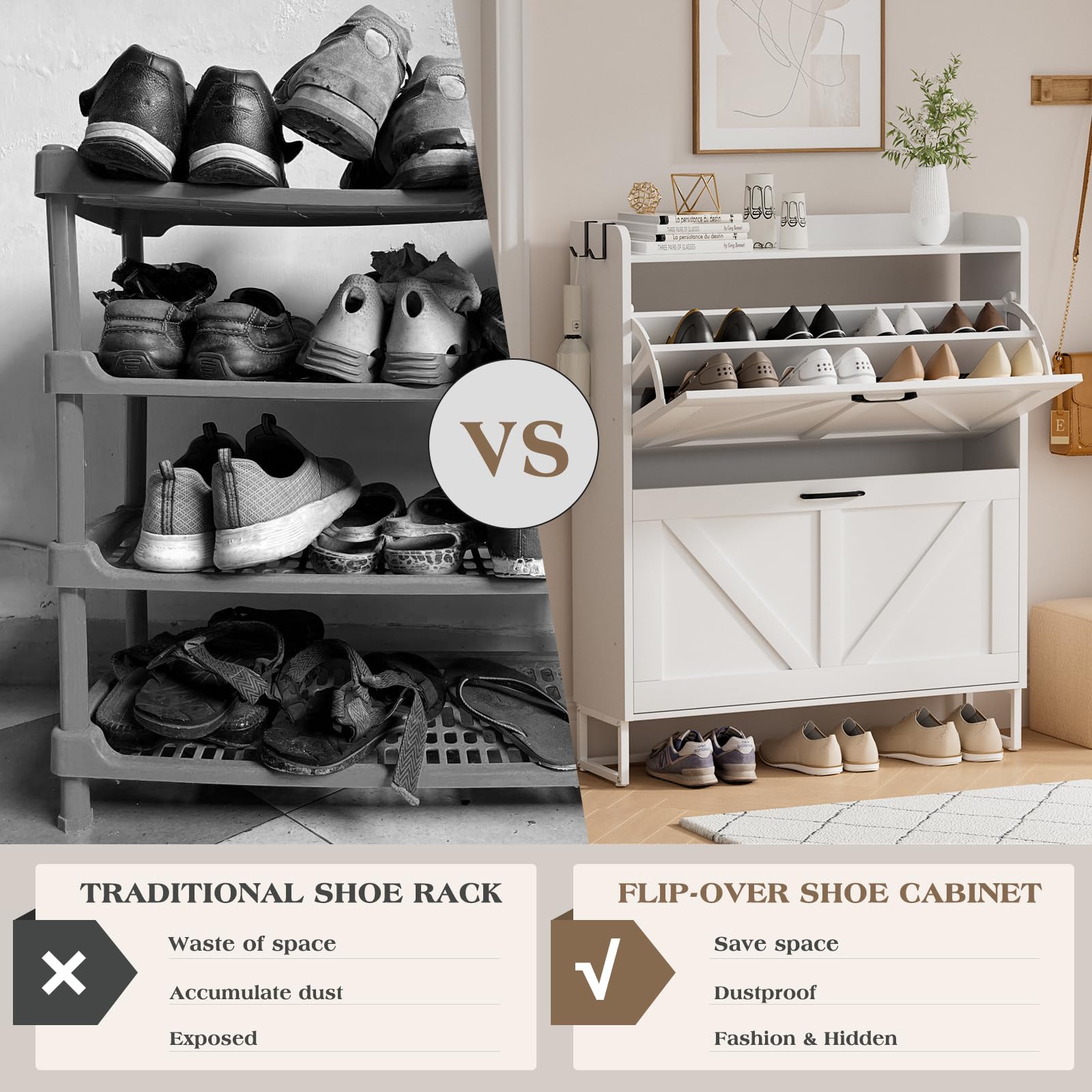 EOYUTLLY Narrow Shoe Cabinet for Entryway - Freestanding Shoe Storage Organizer with 2 Flip Drawers, Hidden Shoe Rack with Metal Legs, White - Perfect for Small Spaces, Hallway & Closet Organization