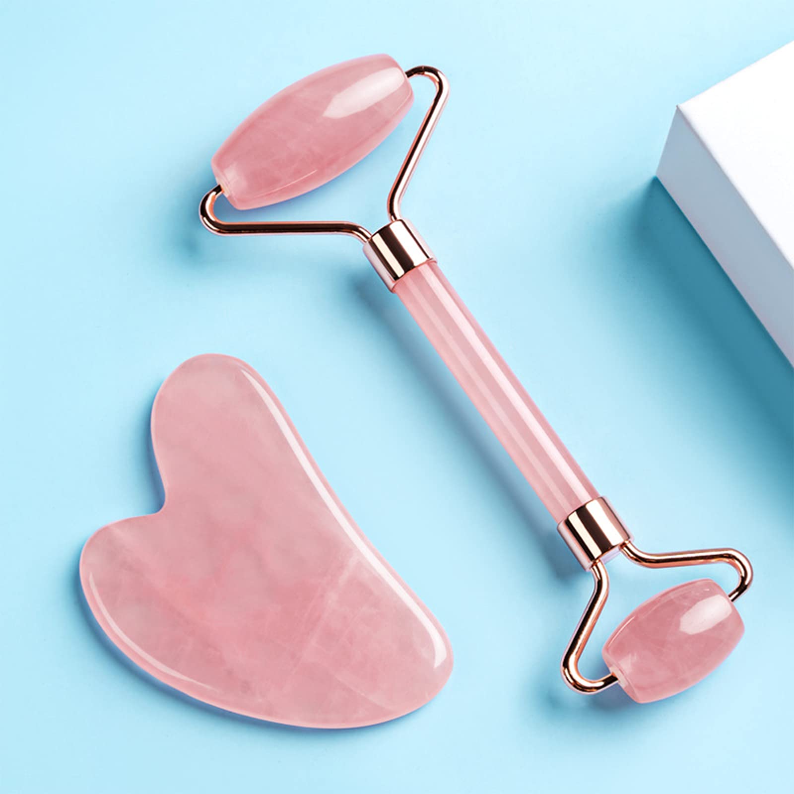Natural Rose Quartz Jade Roller & Gua Sha Set - Facial Massage Tools for Skin Care, Anti-Aging & Lymphatic Drainage - Pink Beauty Roller for Face & Neck (Perfect for Daily Skincare Routine & Relaxation)