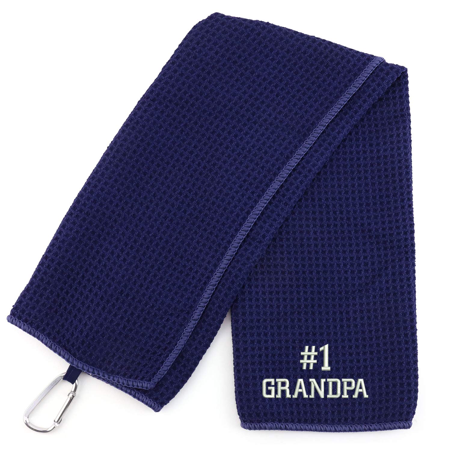 Trendy Apparel Shop Number #1 Grandpa Embroidered Trifold Waffle Textured Microfiber Gold Towel with Carabiner - Perfect for Travel, Gym, and Outdoor Activities
