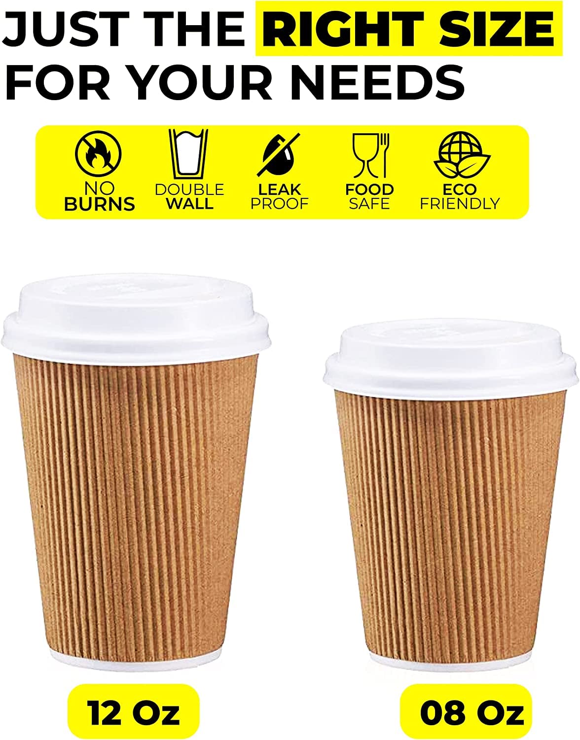 30 Pack Insulated Disposable Paper Coffee Cups 8 oz - Kraft Ripple Wall Hot Drink Cups with Lids - Perfect for Coffee Shops, Office Break Rooms & Home Use
