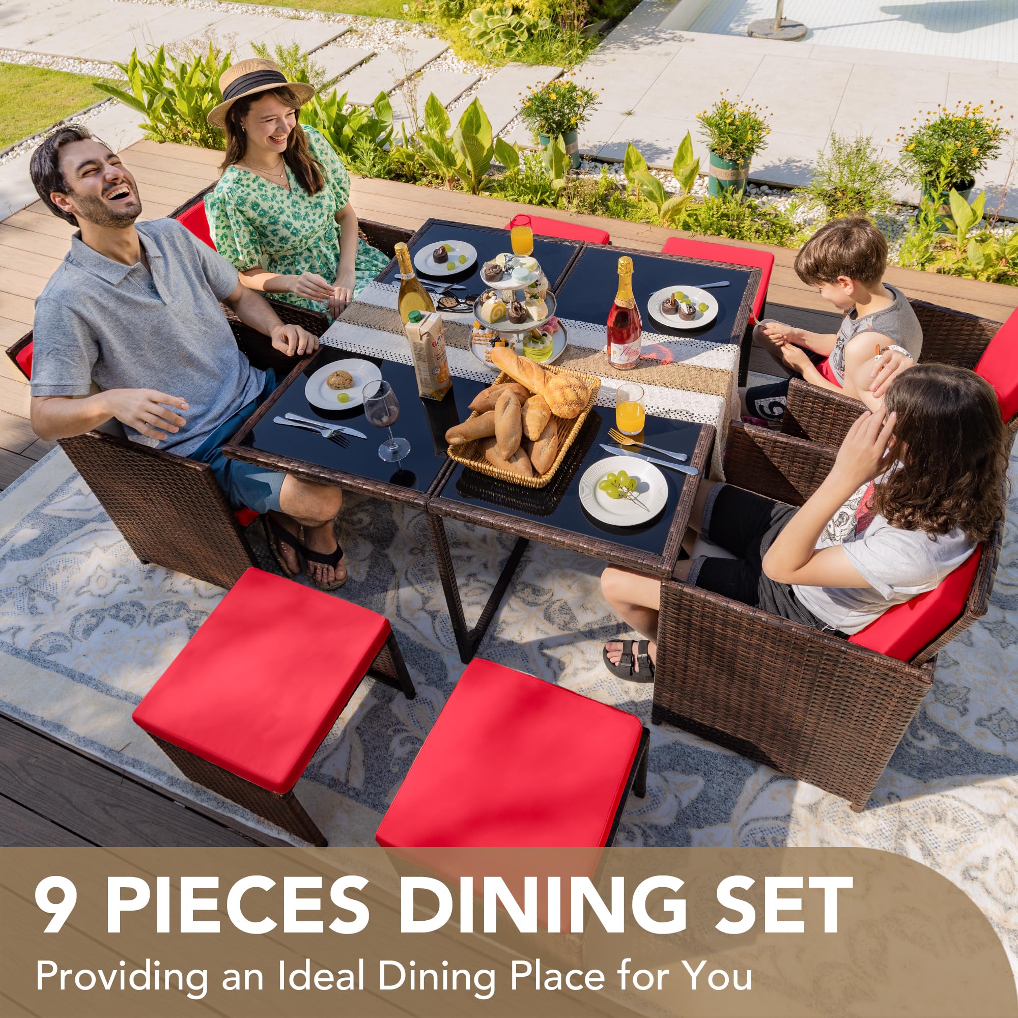 Devoko 9-Piece Outdoor Patio Dining Set with Rattan Chairs, Glass Table & Cushions - Space-Saving Conversation Furniture for Garden, Backyard, Poolside (Red)