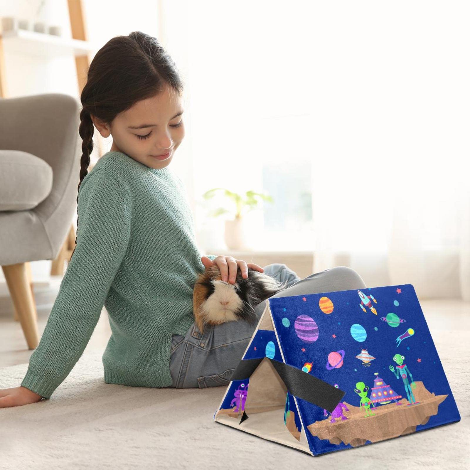 Guinea Pig Hideout House Bed - Cute Cartoon Galaxy Planets Design with Alien Rocket & Rabbit Cave - Cozy Nest for Squirrels, Chinchillas, Hamsters & Hedgehogs | Perfect for Small Pet Cages & Play Areas