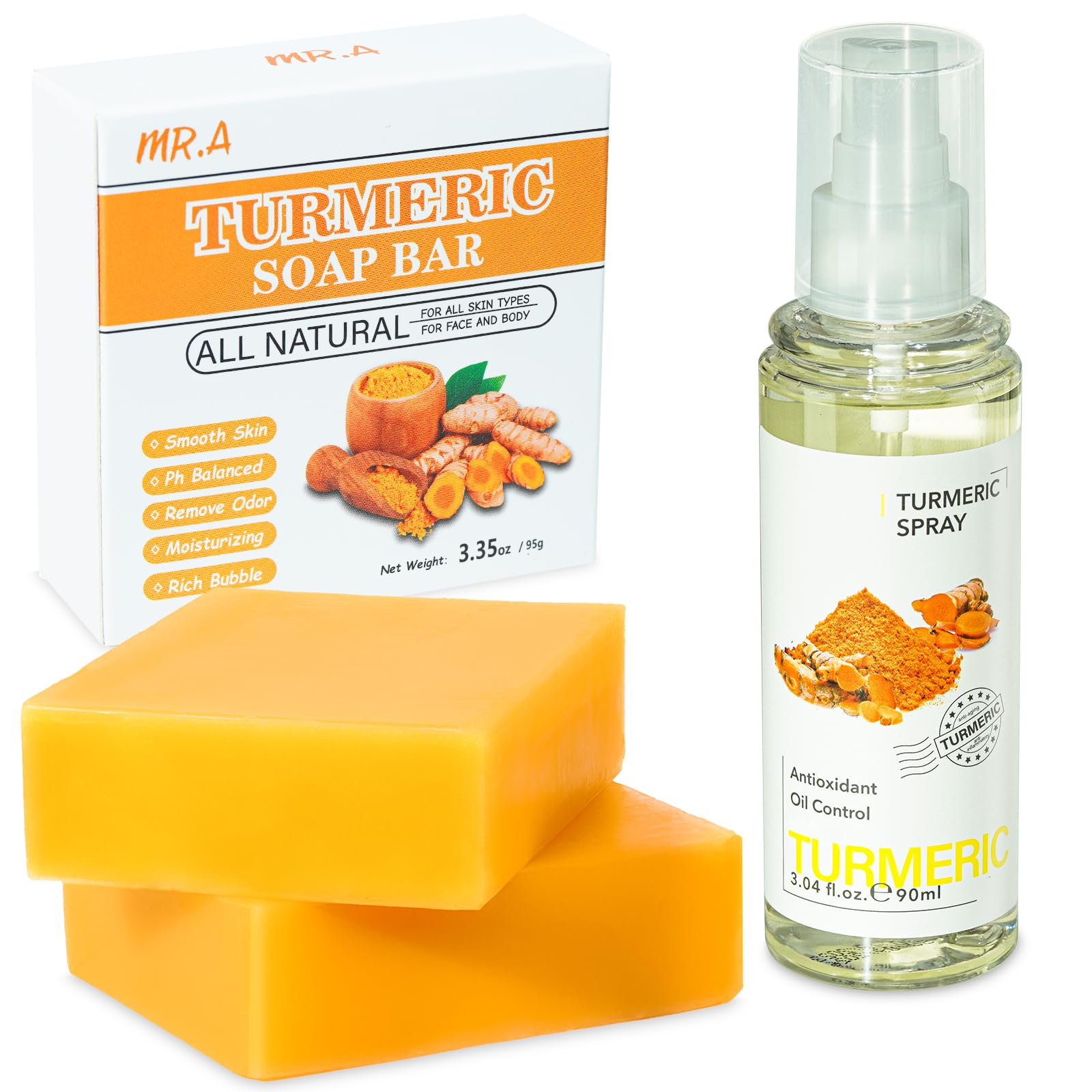 Organic Turmeric Soap Bar & Facial Mist Set - 2PCS Vitamin C Enriched Lemon Turmeric Soap for Face & Body + 1PC Antibacterial Turmeric Face Spray | Natural Skincare, Acne Treatment, Brightening & Hydration | Perfect for Daily Cleansing, Travel & Gift Giving