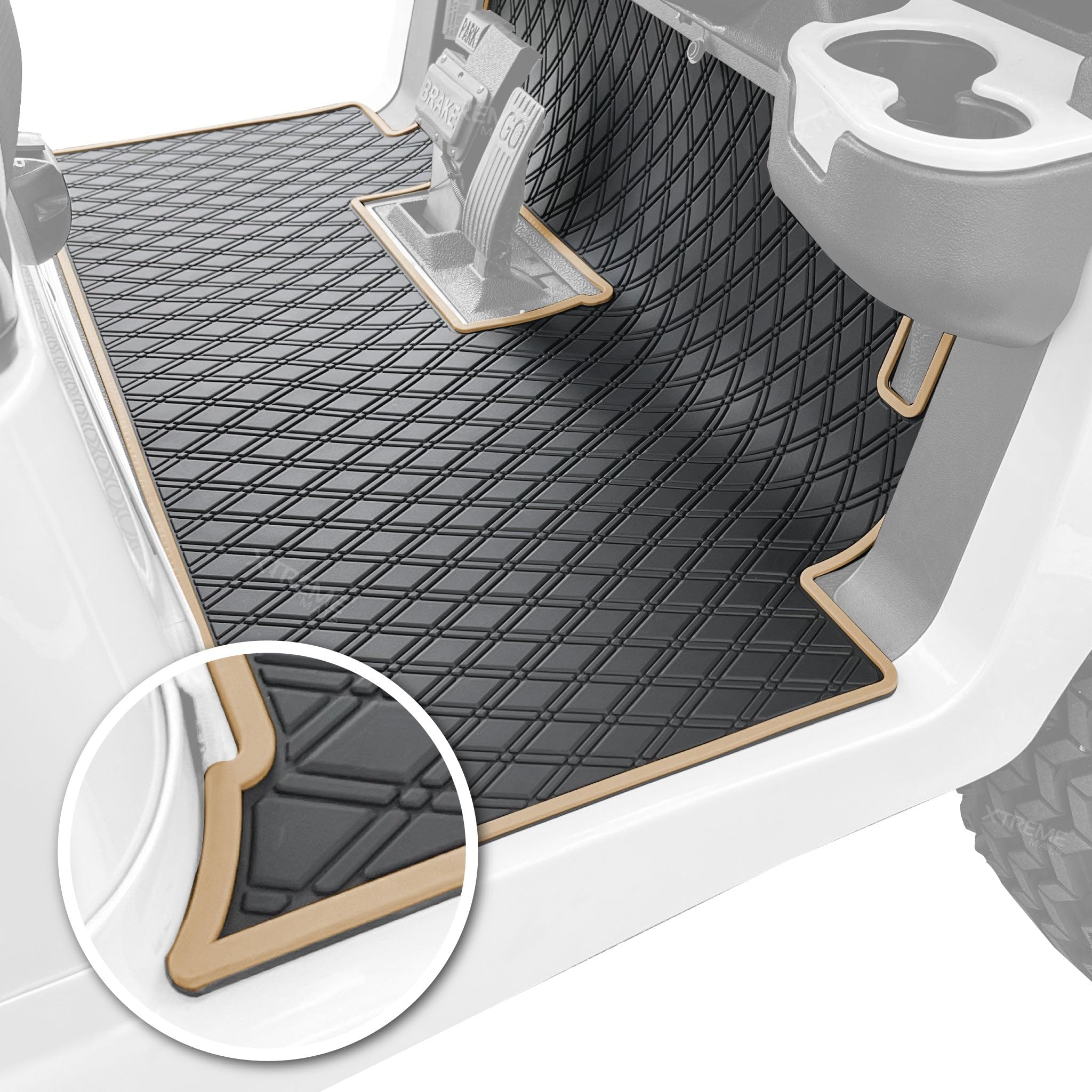 Xtreme Mats Premium Golf Cart Floor Mat - Heavy Duty Rubber Liner for Club Car Precedent (2004-2024+), Onward, Tempo (2017-2024+), Villager & V4L (2019-2024+) - Full Coverage Protection with Beige Trim - Perfect for Golf Courses, Resorts & Neighborhood Cruising