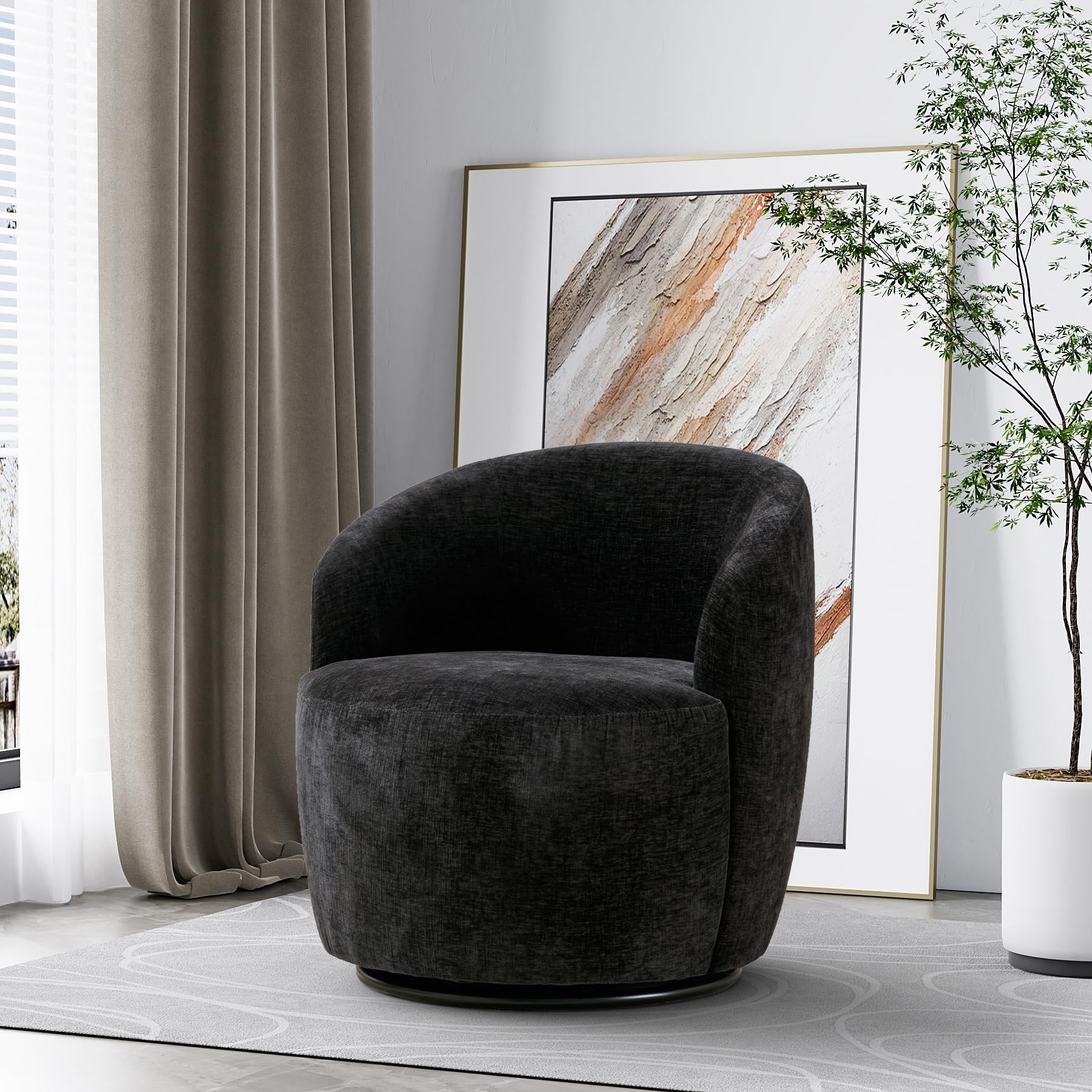 Wrofly 360 Degree Swivel Barrel Chair - Modern Boucle & Chenille Round Accent Chair with Bucket Arms, Comfy Lounge Chair for Living Room, Bedroom, Club - Perfect for Relaxing, Reading & Entertaining (Black)
