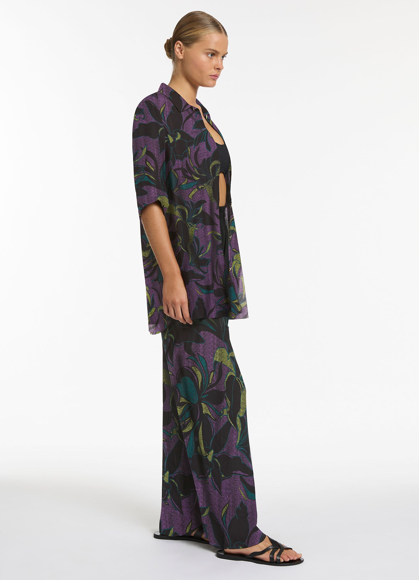 Midnight Tropical Wide Leg Pants for Women - Amethyst Purple Flowy Lounge Pants - Comfortable Boho Chic Pajama Bottoms for Yoga, Travel & Home Relaxation