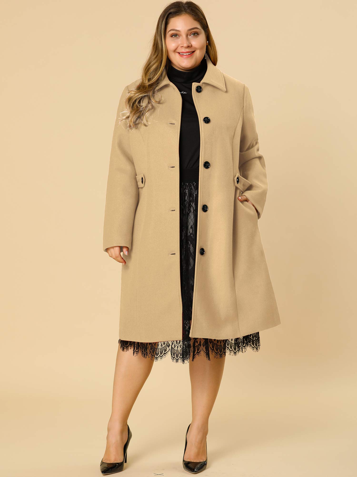 Agnes Orinda Women's Plus Size Single Breasted Belted Winter Long Coat - Warm Wool Blend Trench Coat for Cold Weather, Office & Outdoor Activities