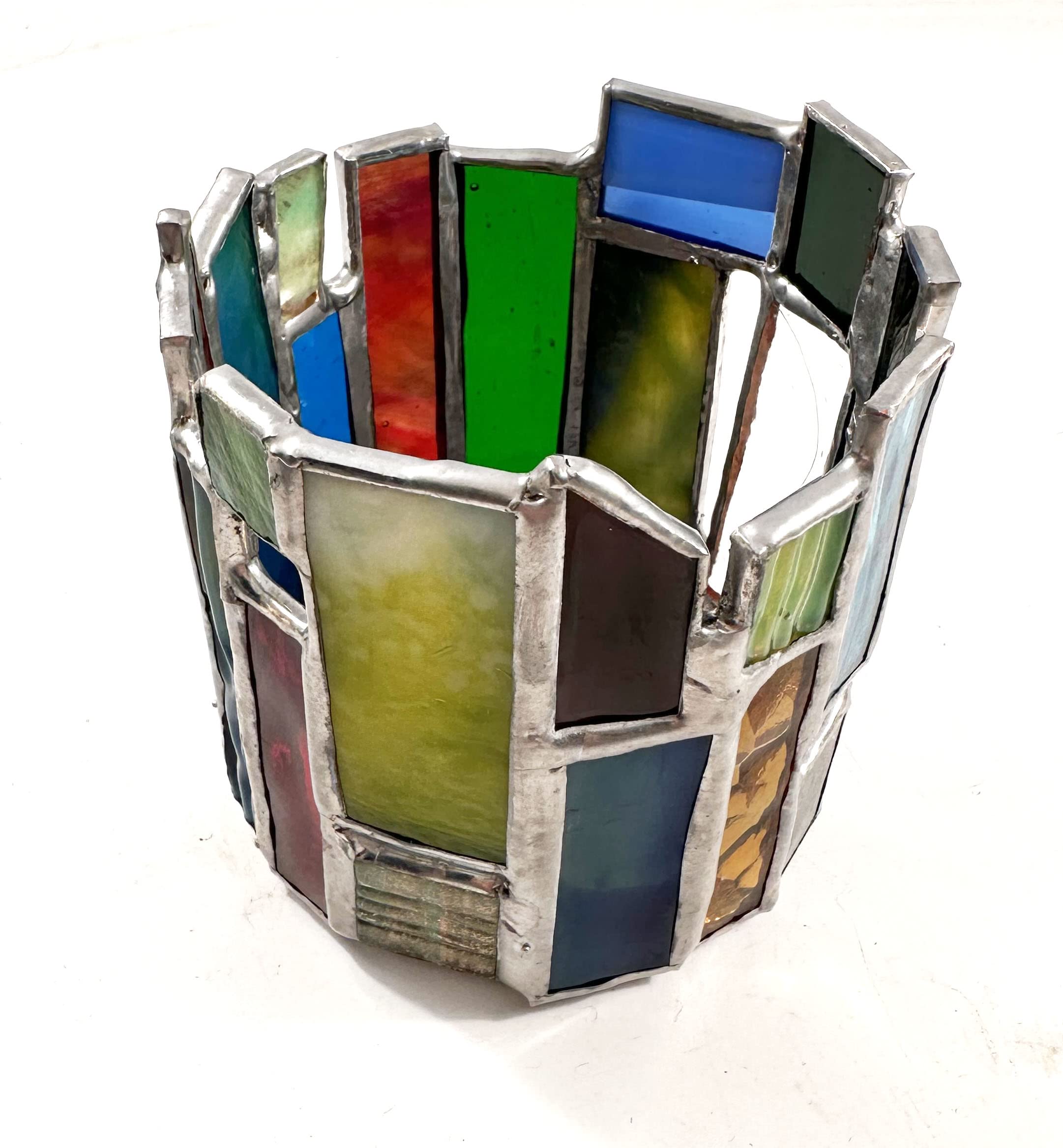 Stained Glass Round Candle Holders - Striped in Yellow, Sea Green, Red, Blue, Pink, Forest Green & Purple | Decorative Home Decor for Dining Table, Wedding Centerpiece & Meditation Space