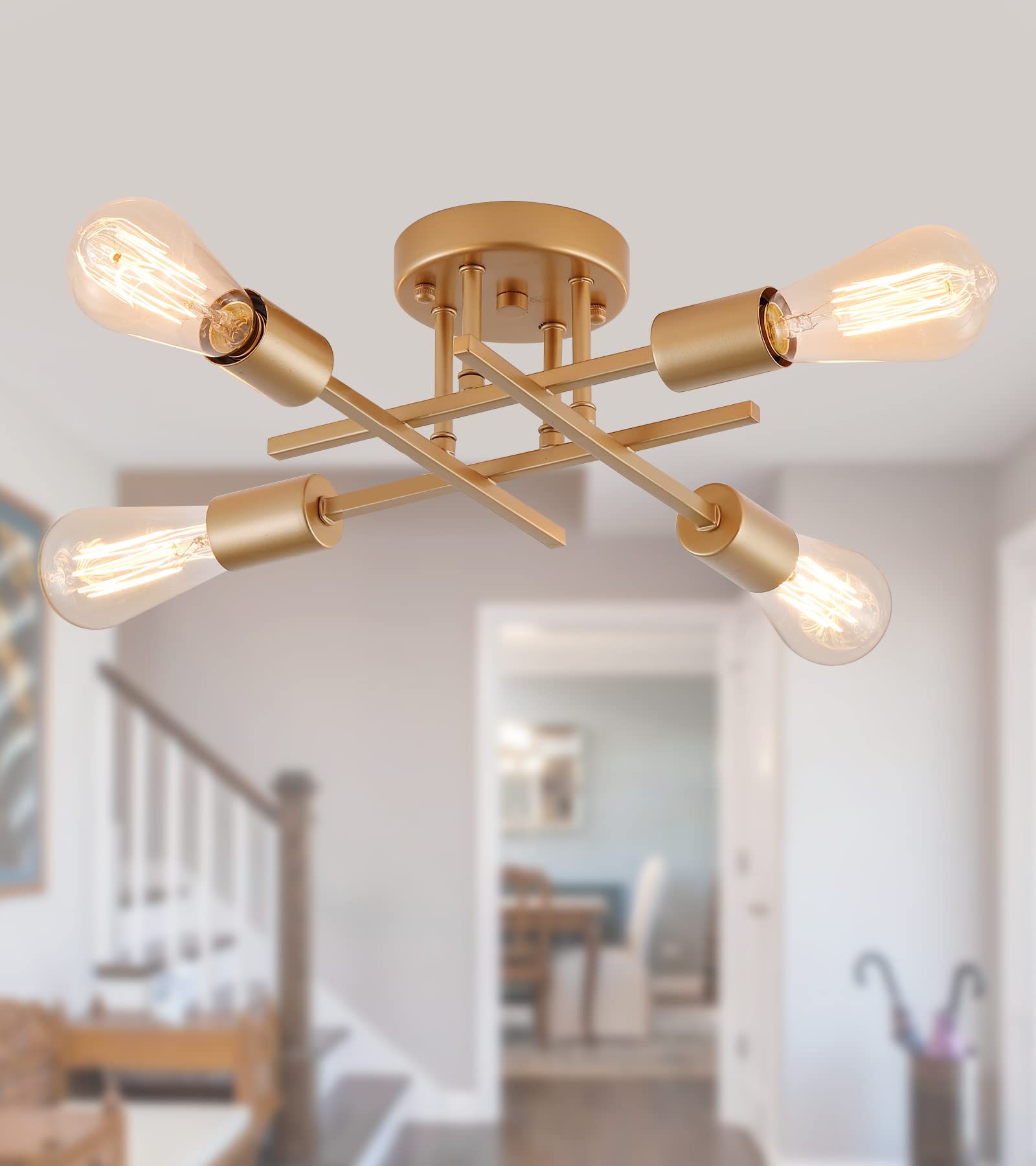 AMZASA Gold Modern Sputnik Chandelier - Semi Flush Mount Ceiling Light Fixture with 4 Lights, Industrial Style for Bedroom, Dining Room, Kitchen, Entryway & Hallway - UL Listed - Perfect for Modern Home Decor & Open Concept Living Spaces