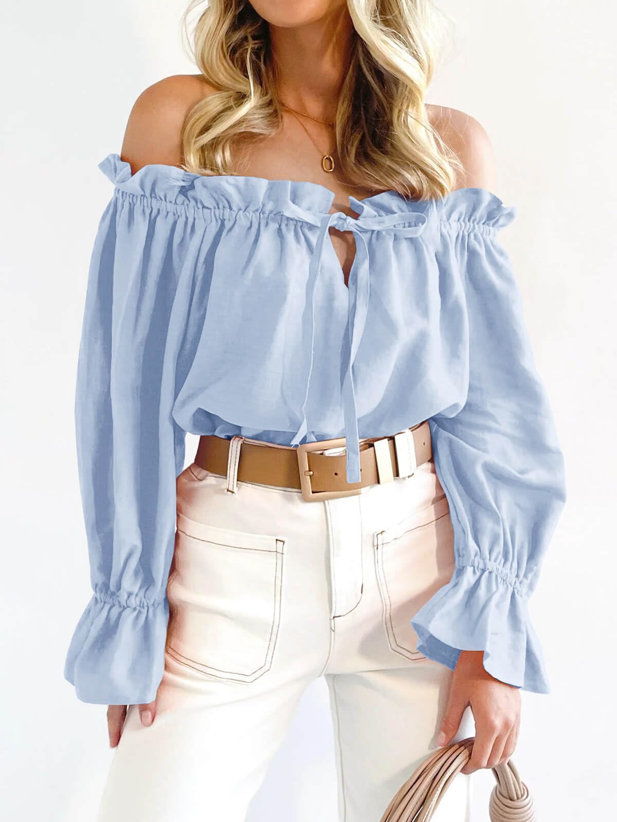 Imily Bela Women's Off The Shoulder Tops - Puff Long Sleeve Tie Front Loose Fit Ruffle Blouse Shirt | Casual Wear, Date Night, Office Outfits & Spring Fashion
