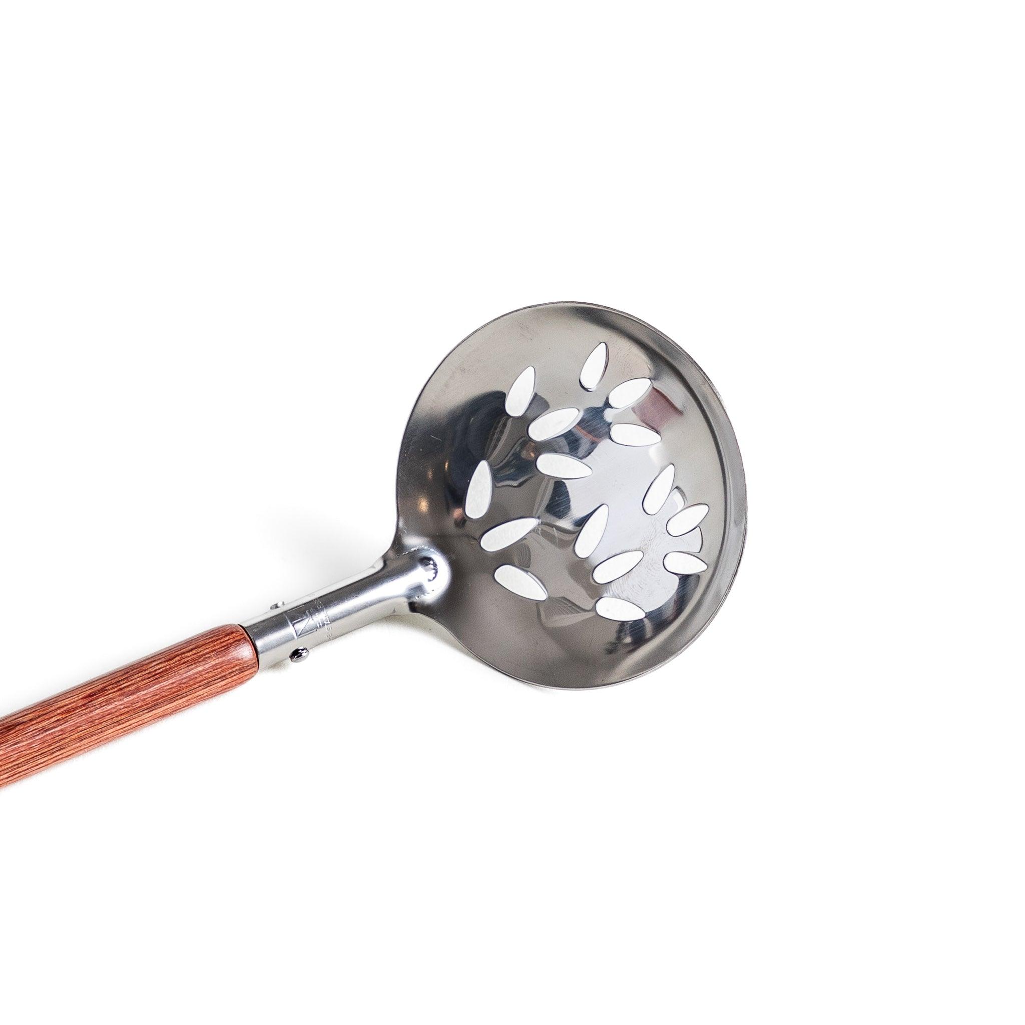 Stainless Steel Perforated Soup Ladle with Ergonomic Wooden Handle - Perfect for Serving Soups, Stews, and Pasta in Restaurants or Home Kitchens