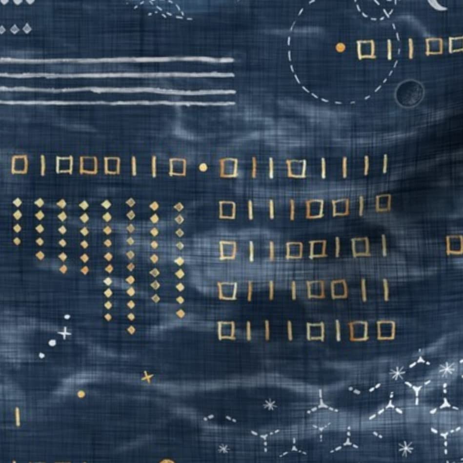 Shibori Dark Blue Astronomy Planets Night Sky Gold Printed Denim Fabric by The Yard - Bottomweight Apparel, Home Decor & Upholstery Material - Perfect for DIY Clothing, Curtains & Cushion Covers