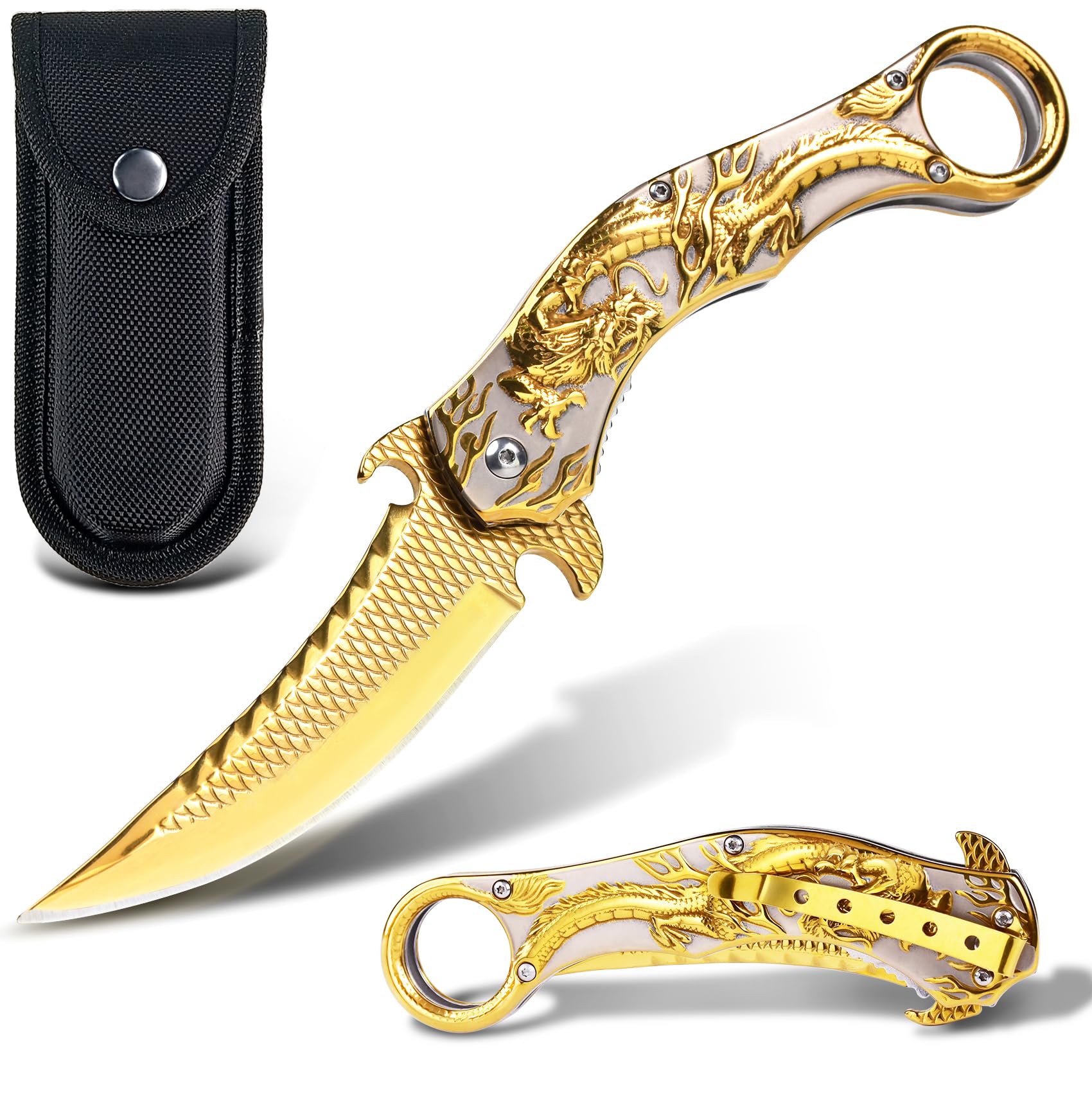 Premium 9Cr18Mo Blade Folding Pocket Knife with Sheath - 3D Dragon Design EDC Knife for Men | Perfect Outdoor Survival, Camping, Hiking & Everyday Carry Tool (Gold)