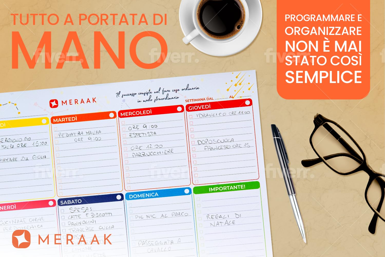 MERAAK Weekly Desk Planner A4, 50 Weeks in Italian - 2025 Sticky Desktop Calendar for Office, School & Home Organization | Perfect for Planning, Productivity & Time Management