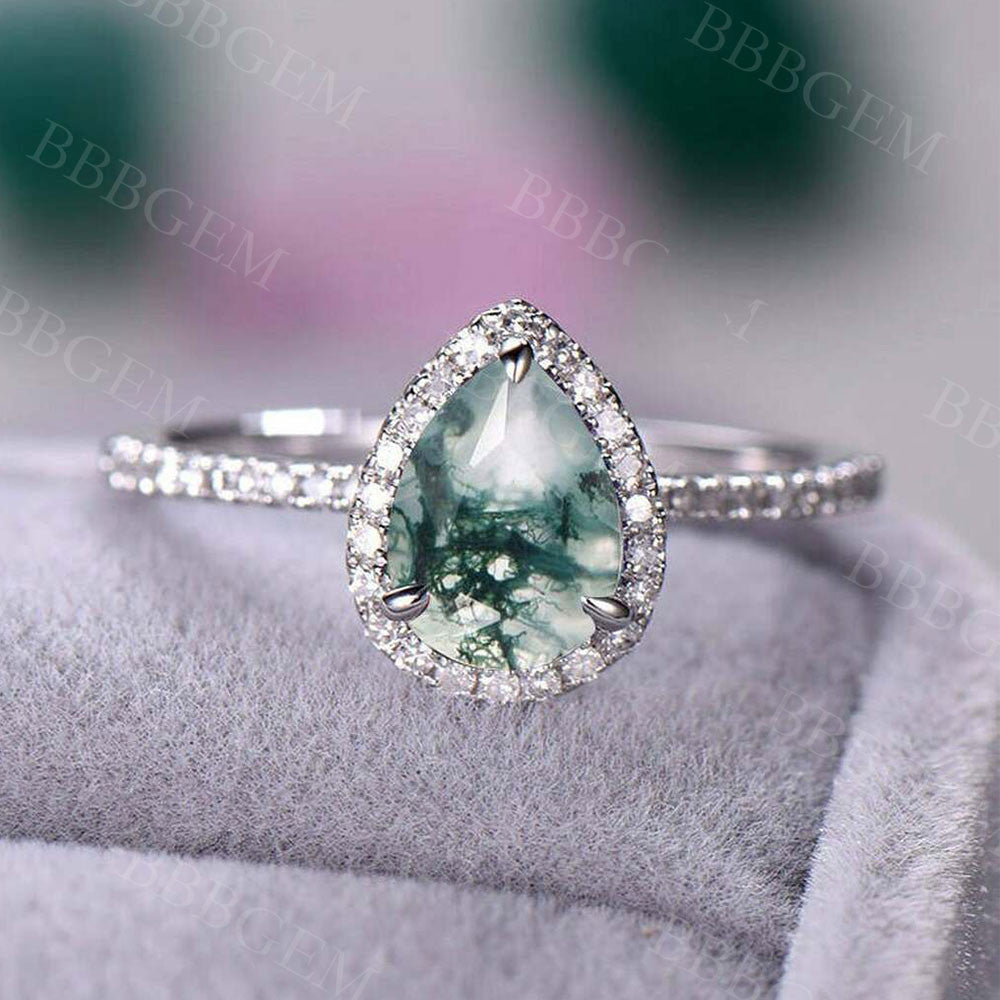 Pear Moss Agate White Gold Diamond Engagement Ring - Vintage Halo Style for Wedding Proposal & Anniversary Gift