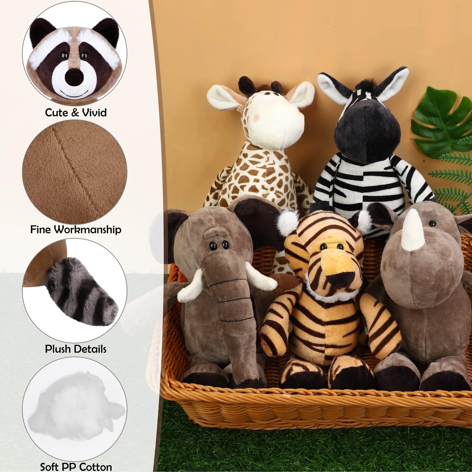 Elcoho 8-Piece Safari Plush Animal Set - 9.8 Inch Jungle Stuffed Toys for Kids, Zoo Animals Collection, Cute Soft Plushies for Animal Themed Parties, Teacher Awards & Student Gifts | Perfect for Birthday Presents, Nursery Decor, and Educational Playtime