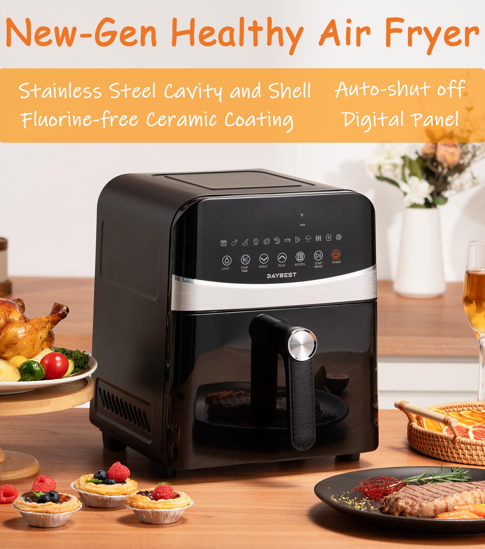 **DAYBEST 1700W 6L Ceramic Coated Air Fryer with Top & Bottom Heaters – Non-Toxic, Auto Shut-Off, Black Stainless Steel – Perfect for Healthy Frying, Roasting, Baking & Grilling at Home**