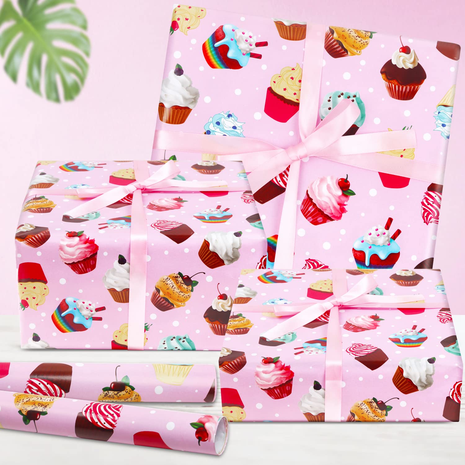 Pink Cupcake Birthday Wrapping Paper - 7 Sheets 20x28 Inch Gift Wrap with Ribbon for Kids, Girls, Boys | Perfect for Birthday Parties, Baby Showers & Gift Giving