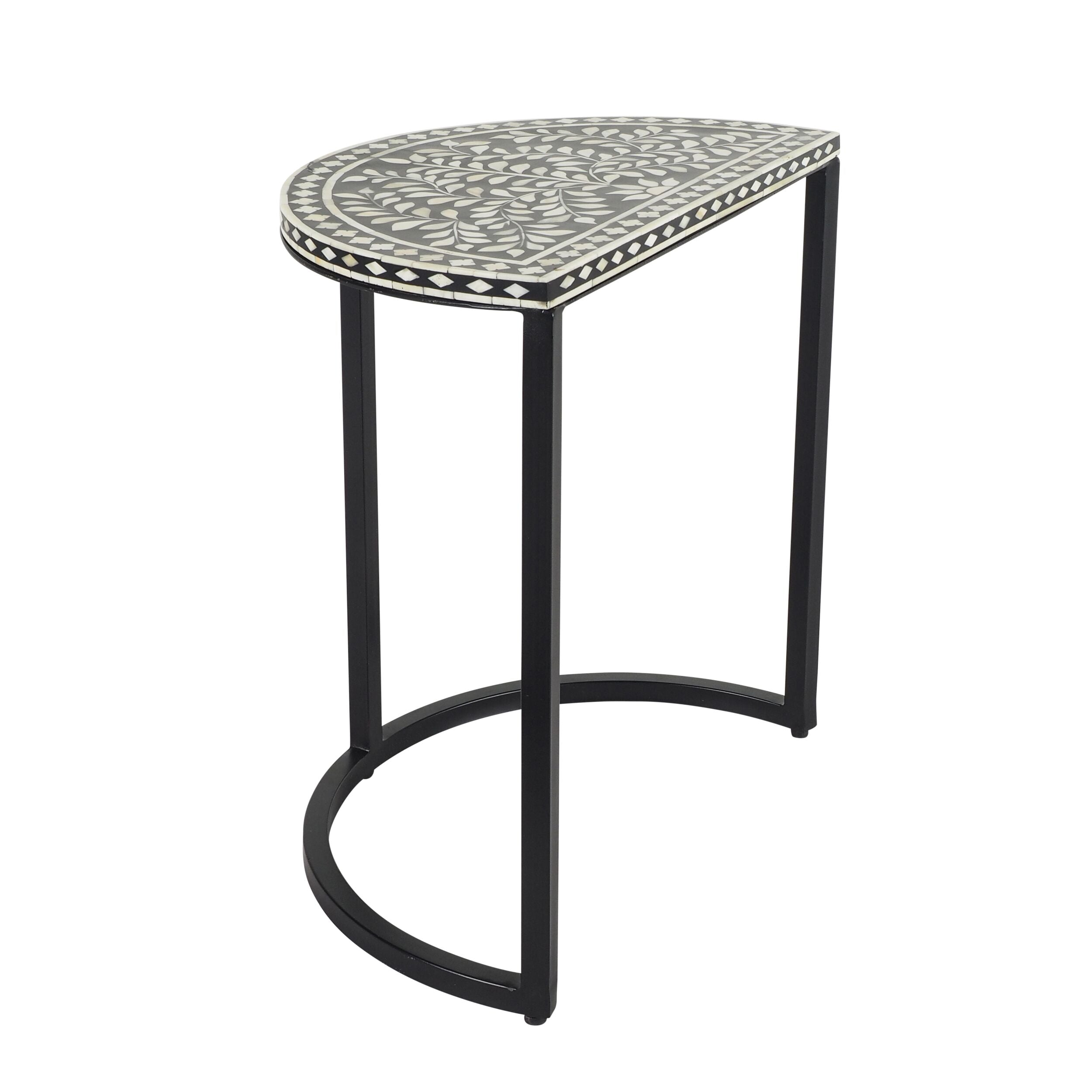 Handcrafted Black Bone Inlay Half Moon Side Table with Metal Frame - 44cm Accent Table for Living Room, Bedroom & Entryway Decor