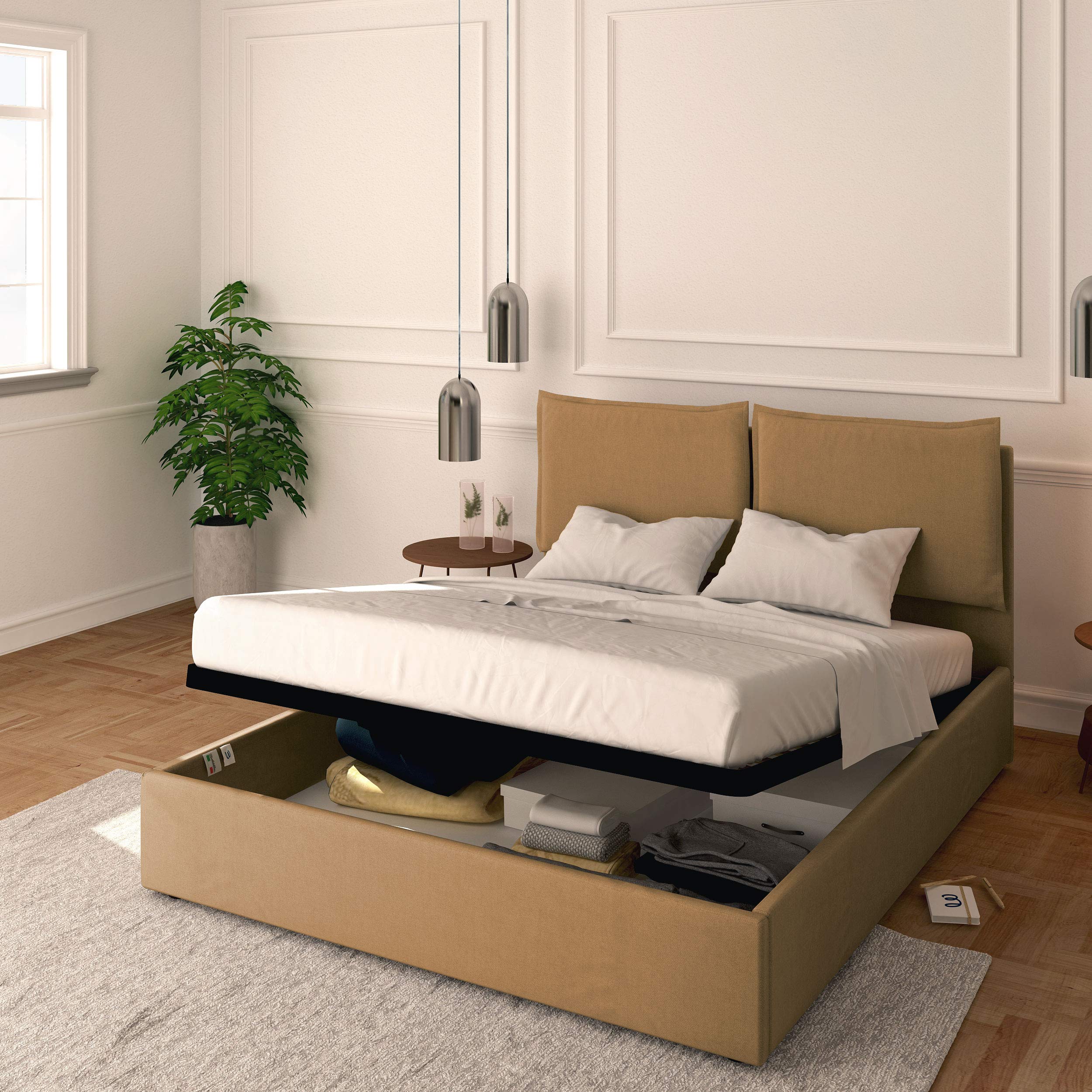 Baldiflex Licia Queen Size Bed Frame with Upholstered Headboard & Slatted Base - 160x190cm Synthetic Leather Platform Bed for Mattress Support | Perfect for Master Bedroom & Guest Room Decor