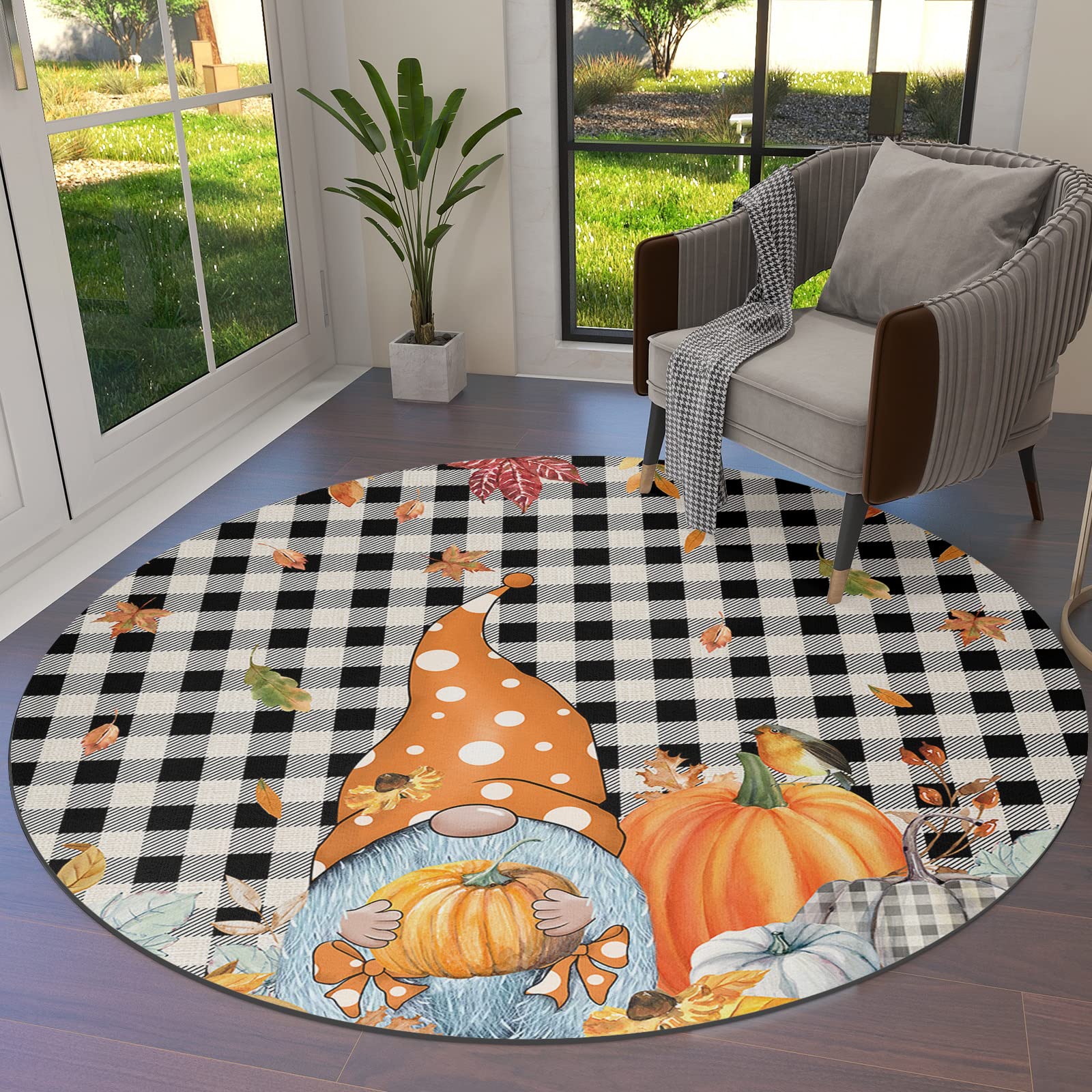6ft Thanksgiving Round Washable Area Rug - Indoor Carpet for Bedroom, Kitchen, Bathroom, Living Room, Dining Room, Laundry Room & Office - Large Door Mat with Gnomes, Pumpkins, Leaves & Plaid Design - Perfect for Fall Decor, Home Warming Gifts & Holiday Gatherings