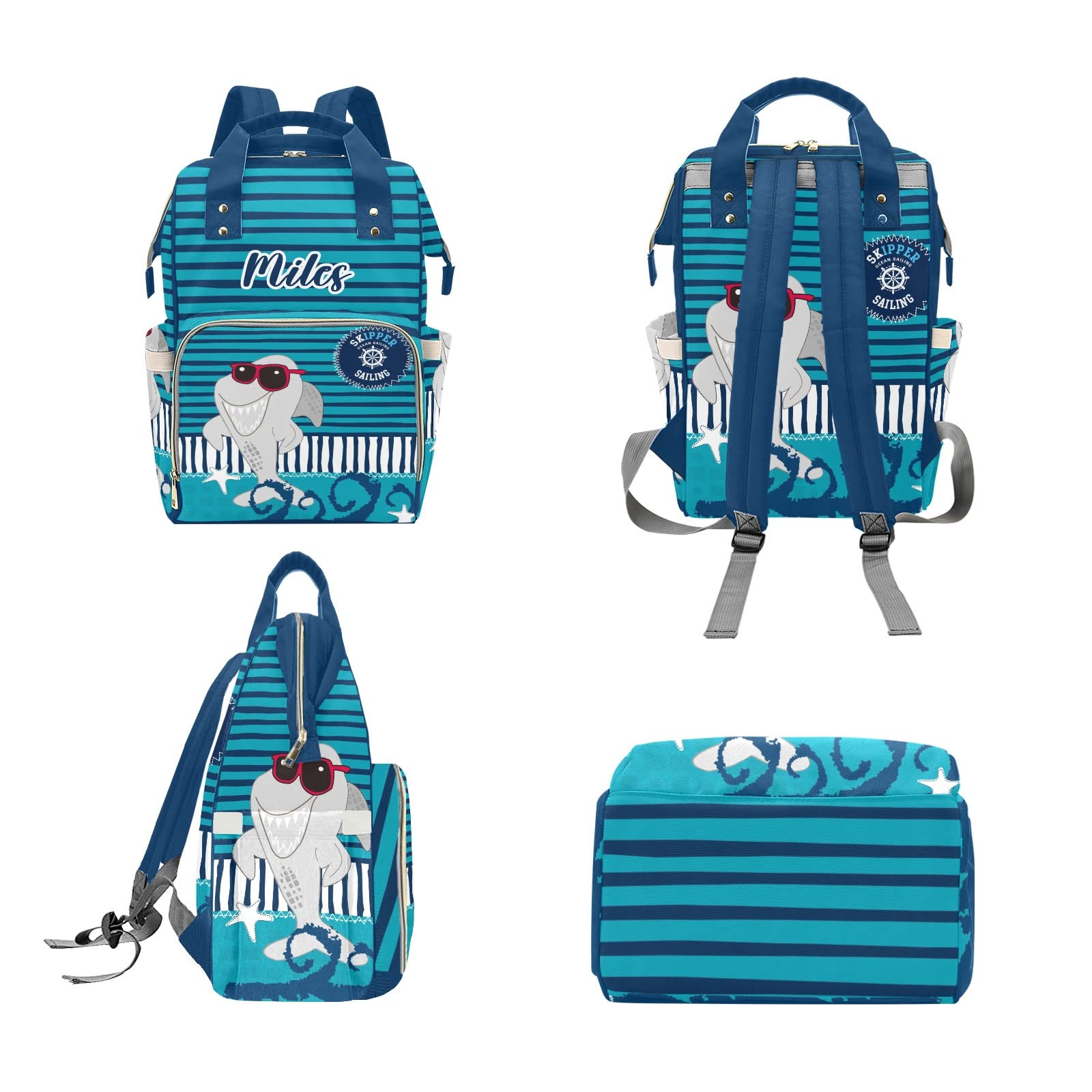 Custom Shark Striped Diaper Bag Backpack Tote - Personalized Baby Shower Gift for Moms - Perfect for Travel, Daycare & Outings