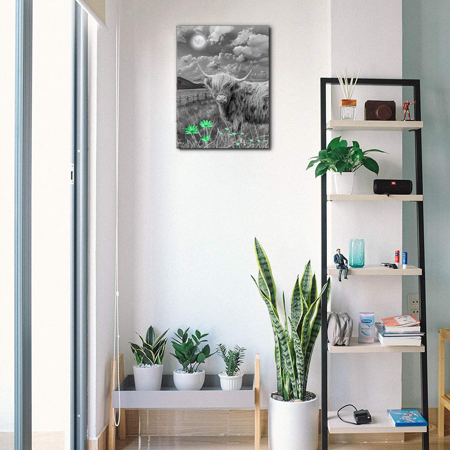 Highland Cow Wall Art - Rustic Canvas Print for Bathroom & Bedroom Decor - Green Cow Pictures 20x28 Inches - Farmhouse Style Home Decor for Living Room, Office & Gifts