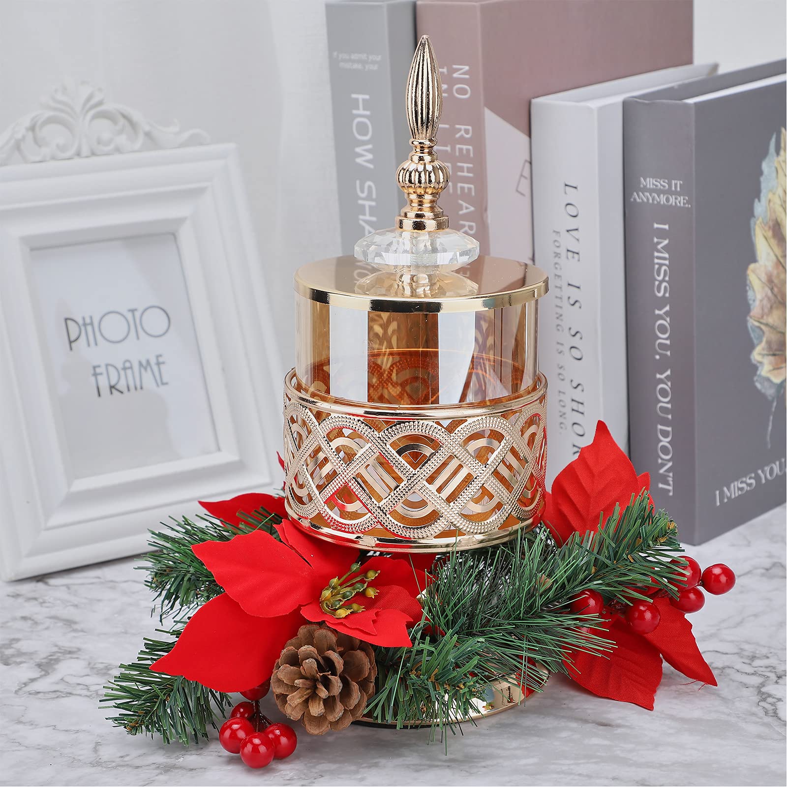 6Pcs Artificial Poinsettia Pine Candle Rings - Christmas Floral Wreath Candle Holder with Red Berries for Table Decor, Holiday Party, Wedding Centerpiece | Perfect for Fireplace Mantel, Dining Table, Christmas Tree Skirt Decoration