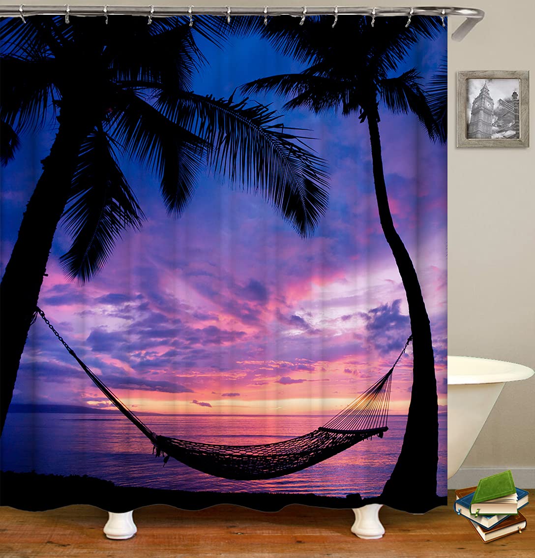 Ocean Sunset Fabric Shower Curtain - Tropical Beach Palm Tree Design with Purple Black Dusk Sky Print | 72x72 Inch Polyester Bathroom Decor with Hooks | Perfect for Coastal, Hawaii or Beach Theme Bathrooms