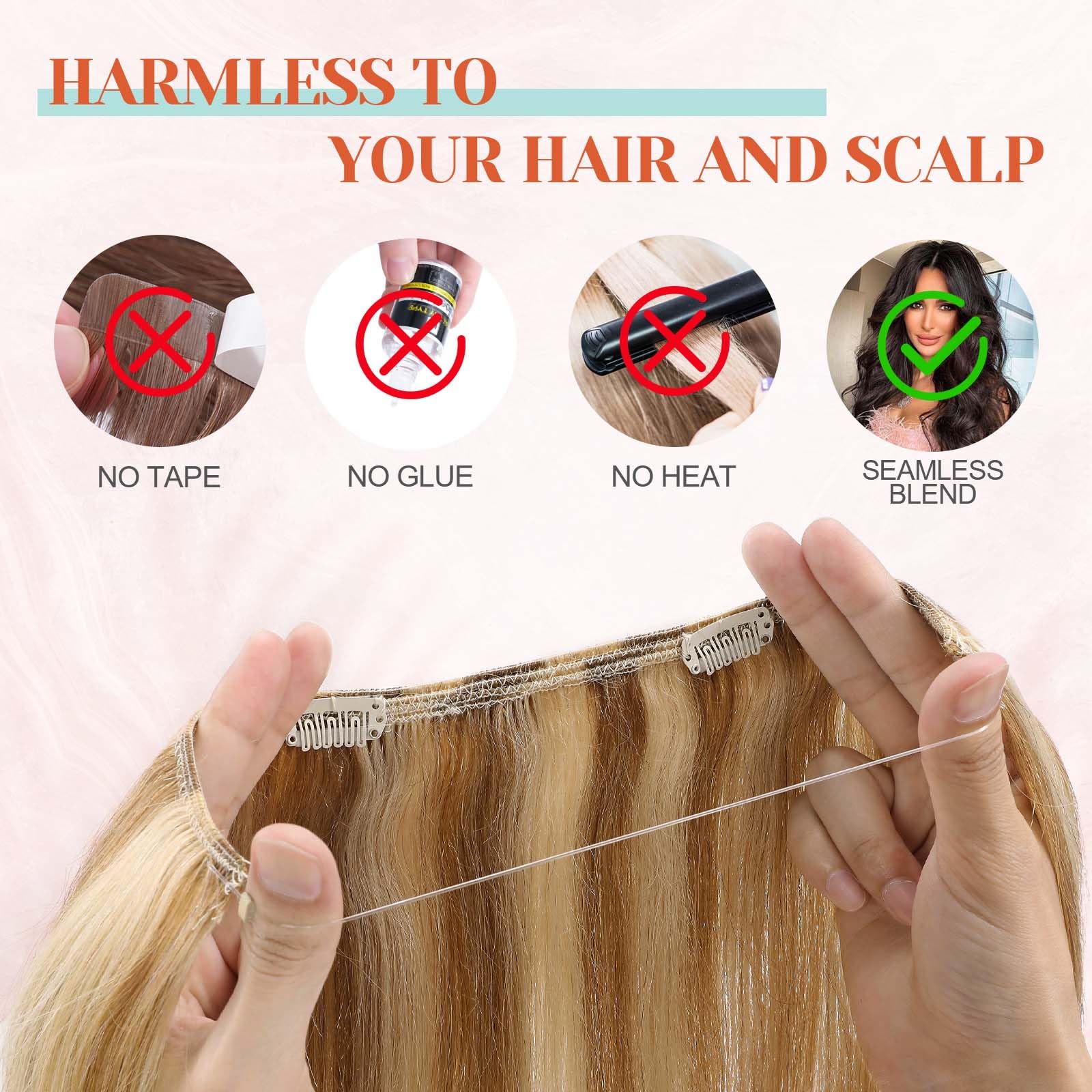 Benehair 18 Inch Halo Hair Extensions - 100% Real Human Hair with Invisible Wire for Women | Golden Brown & Bleach Blonde Highlights (#12P613) | Perfect for Weddings, Parties & Daily Styling