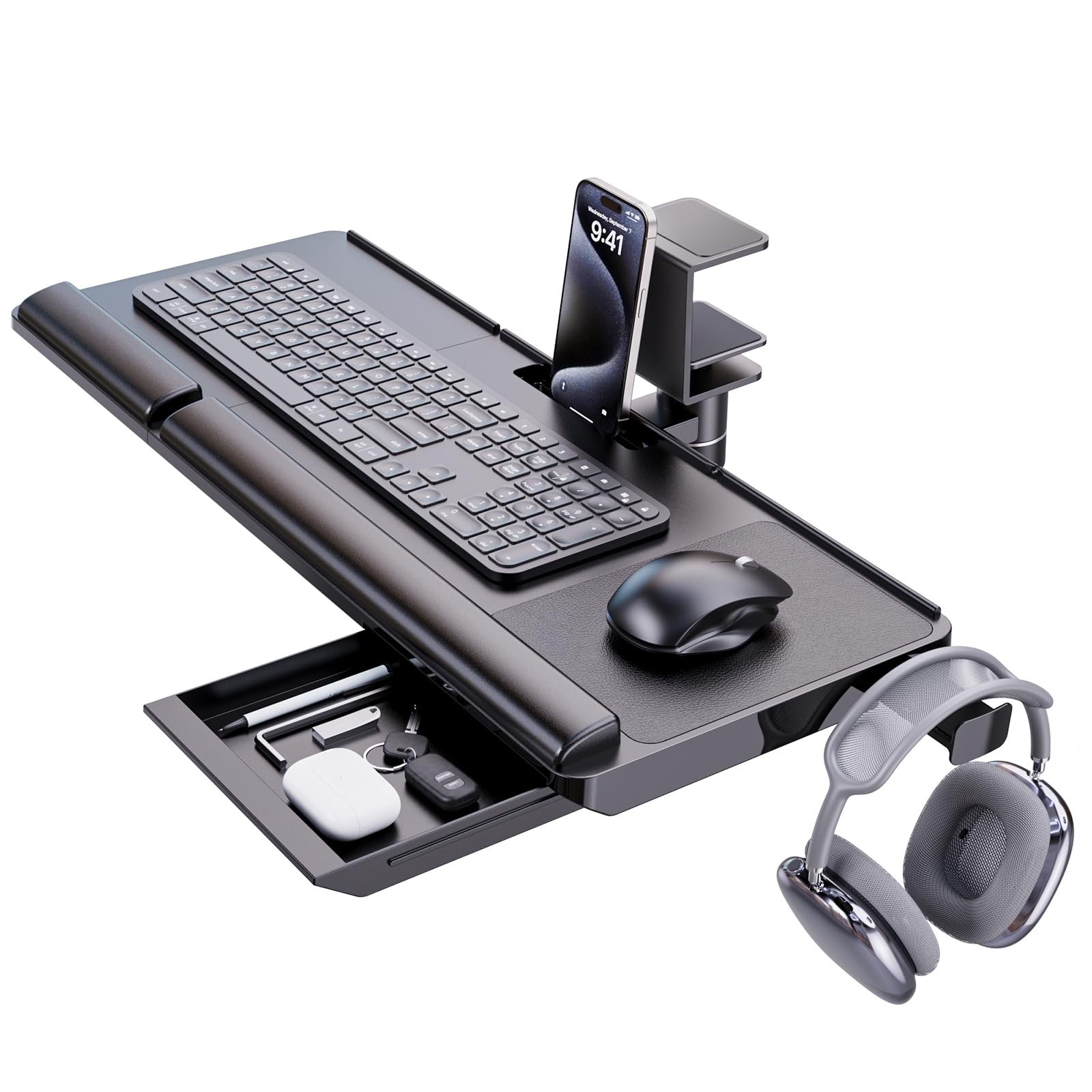 Klearlook 360° Rotating Under Desk Keyboard Tray - Adjustable Ergonomic Computer Keyboard & Mouse Stand with Wrist Rest & Storage Drawer (25