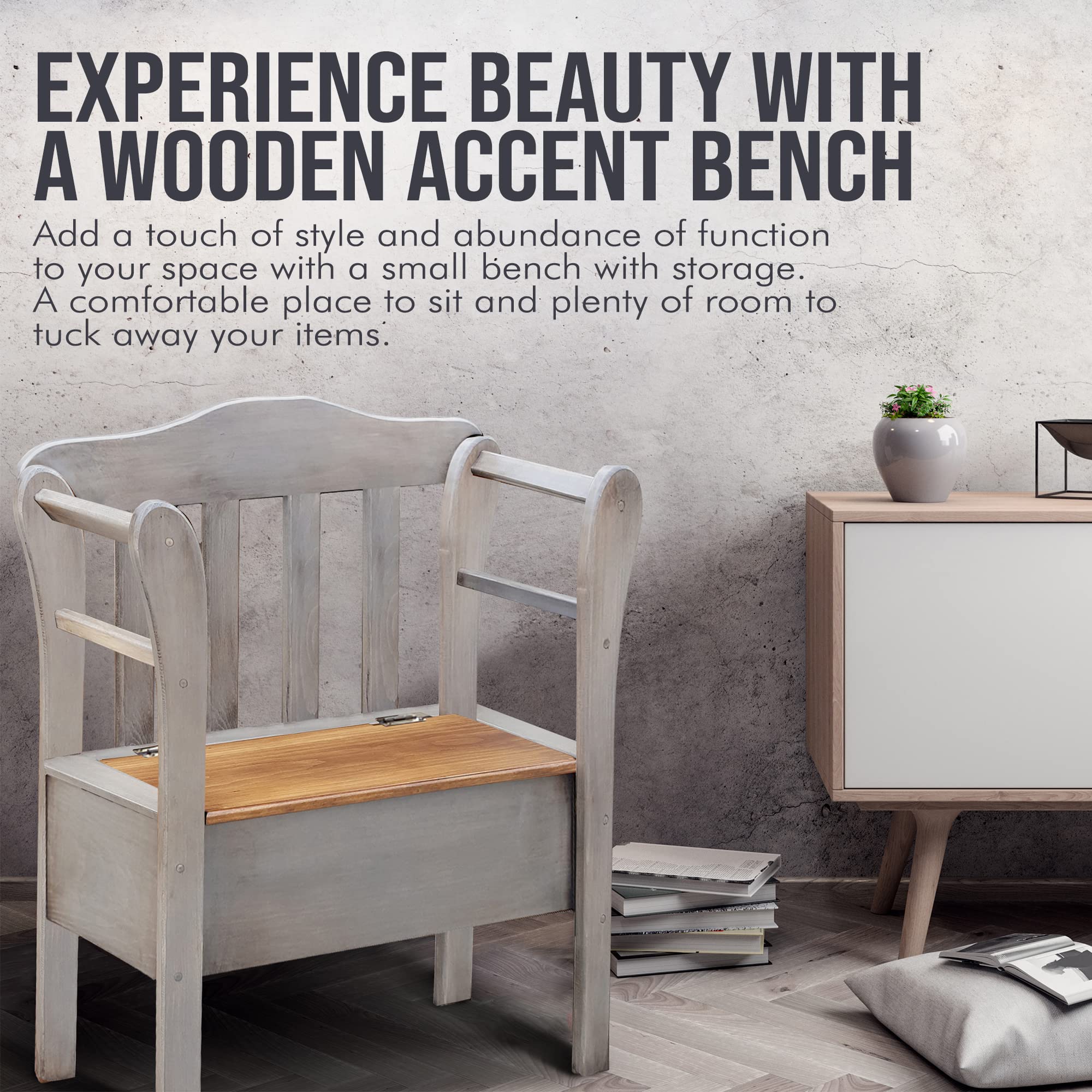 Amish Handmade Peaceful Classics Wooden Storage Bench with Pewter Finish - Entryway, Hallway, Mudroom, Farmhouse, Bedroom & Living Room Organizer | Perfect for Small Spaces, Home Decor & Entryway Seating
