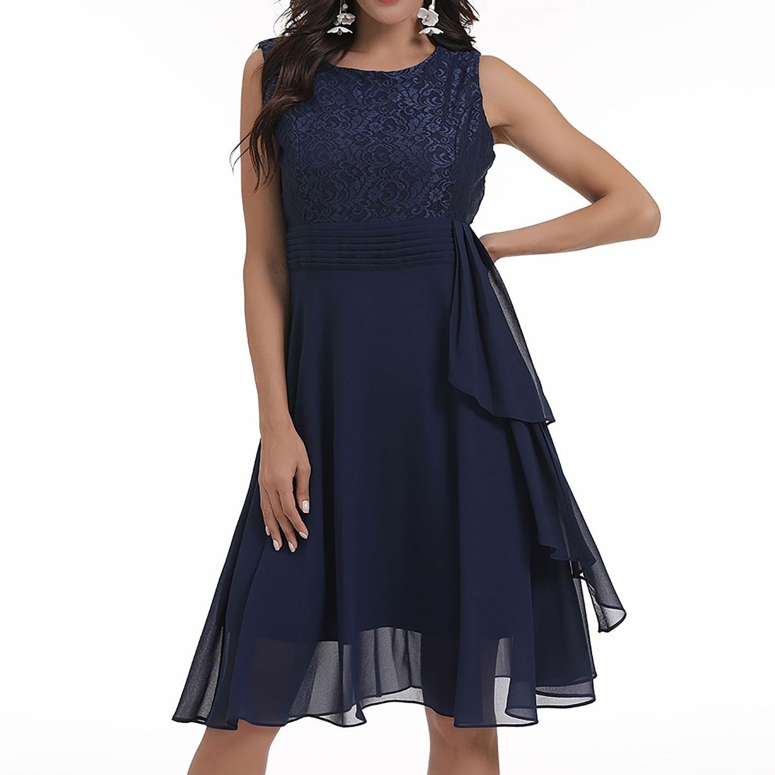 Elegant Women's Sleeveless Lace Prom Dress - High Waist Midi Homecoming Party Dress for Summer Semi-Formal Occasions | Perfect for Graduation, Wedding Guest & Cocktail Events