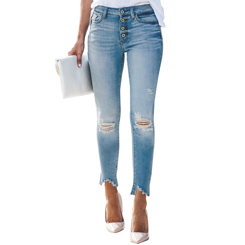 LONGYIDA Women's Ripped Stretchy High Waist Skinny Jeans with Button Fly | Trendy Distressed Denim Pants for Casual Wear & Night Out